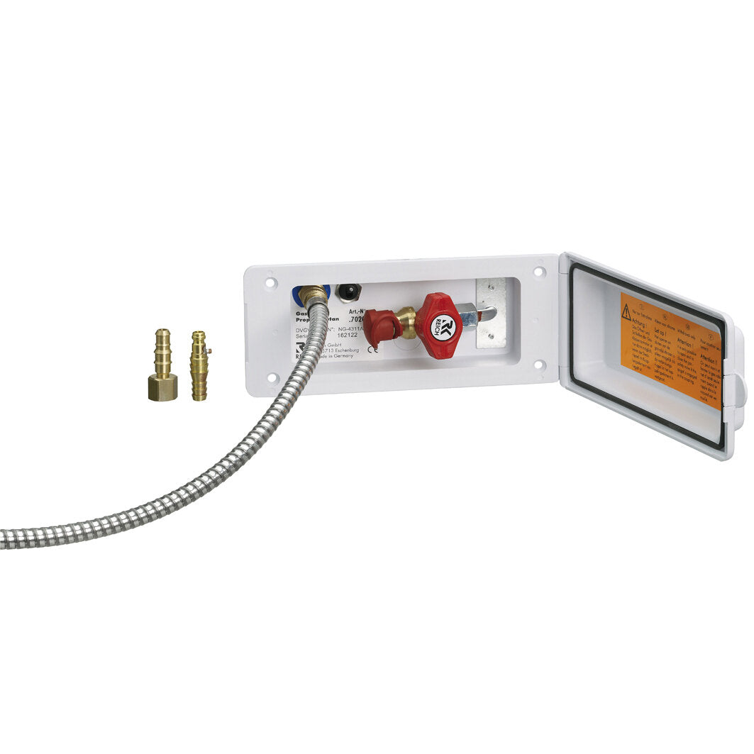Versorgungsklappe Universal Kama reinweiß geöffnetes Gehäuse mit rotem Ventilknopf, flexibles Edelstahlrohr und zwei Messingadapter daneben