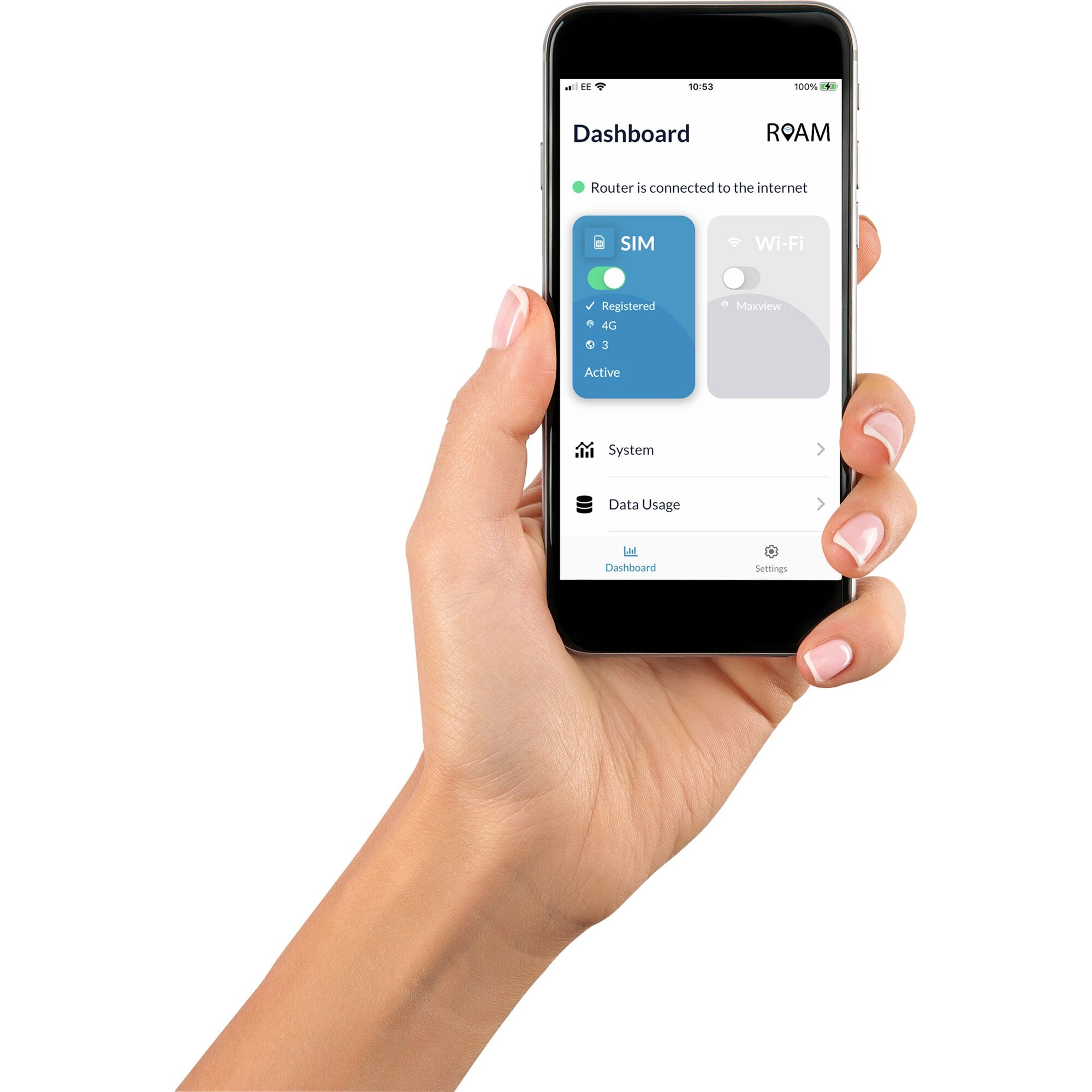 Smartphone in der Hand zeigt das Roam-Dashboard der Maxview App mit SIM- und Wi‑Fi-Widgets sowie Roam-Logo