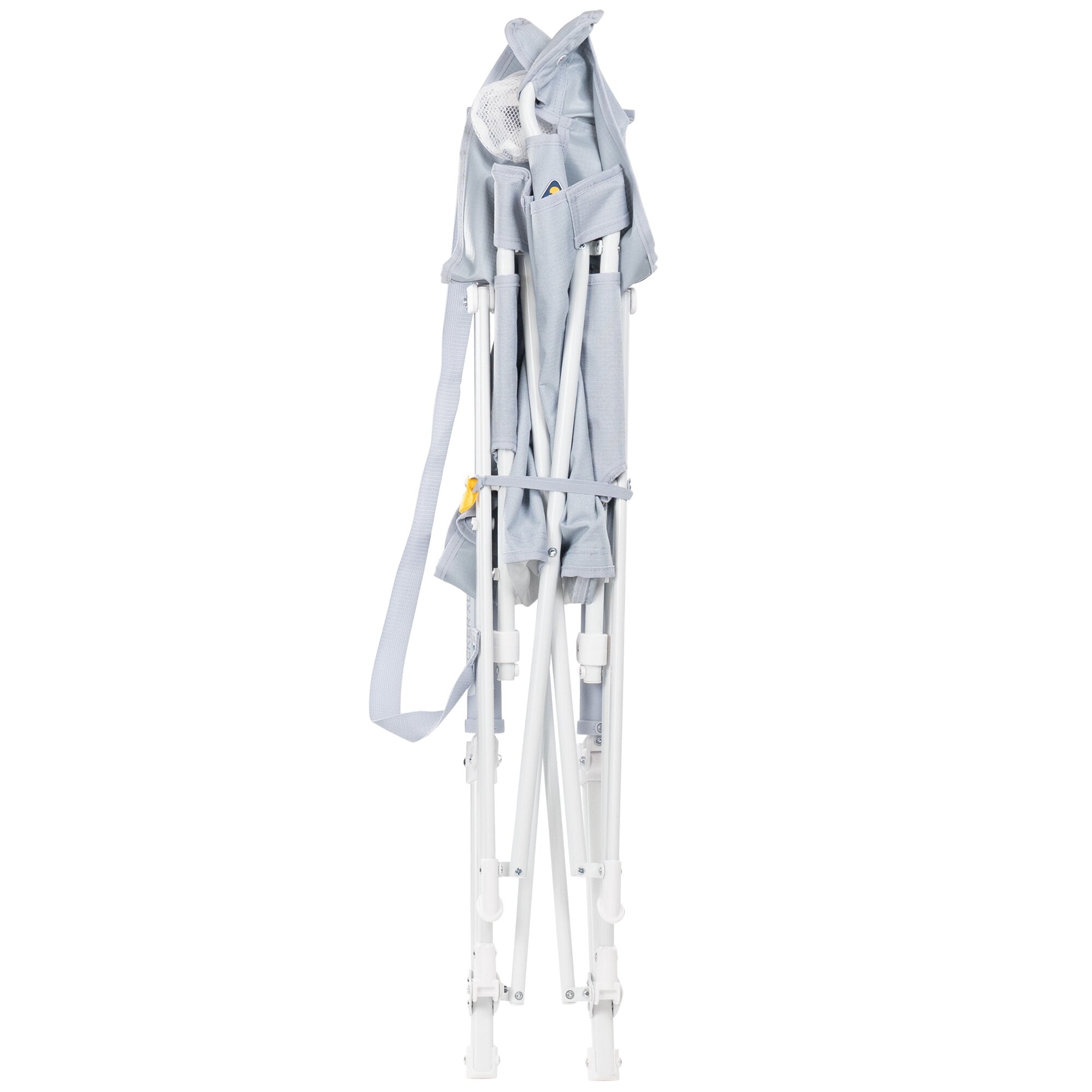 Zusammengefaltener Camping-Schaukelstuhl Comfort Pro Rocker XL in hellgrau, Metallgestell weiß, Tragriemen sichtbar