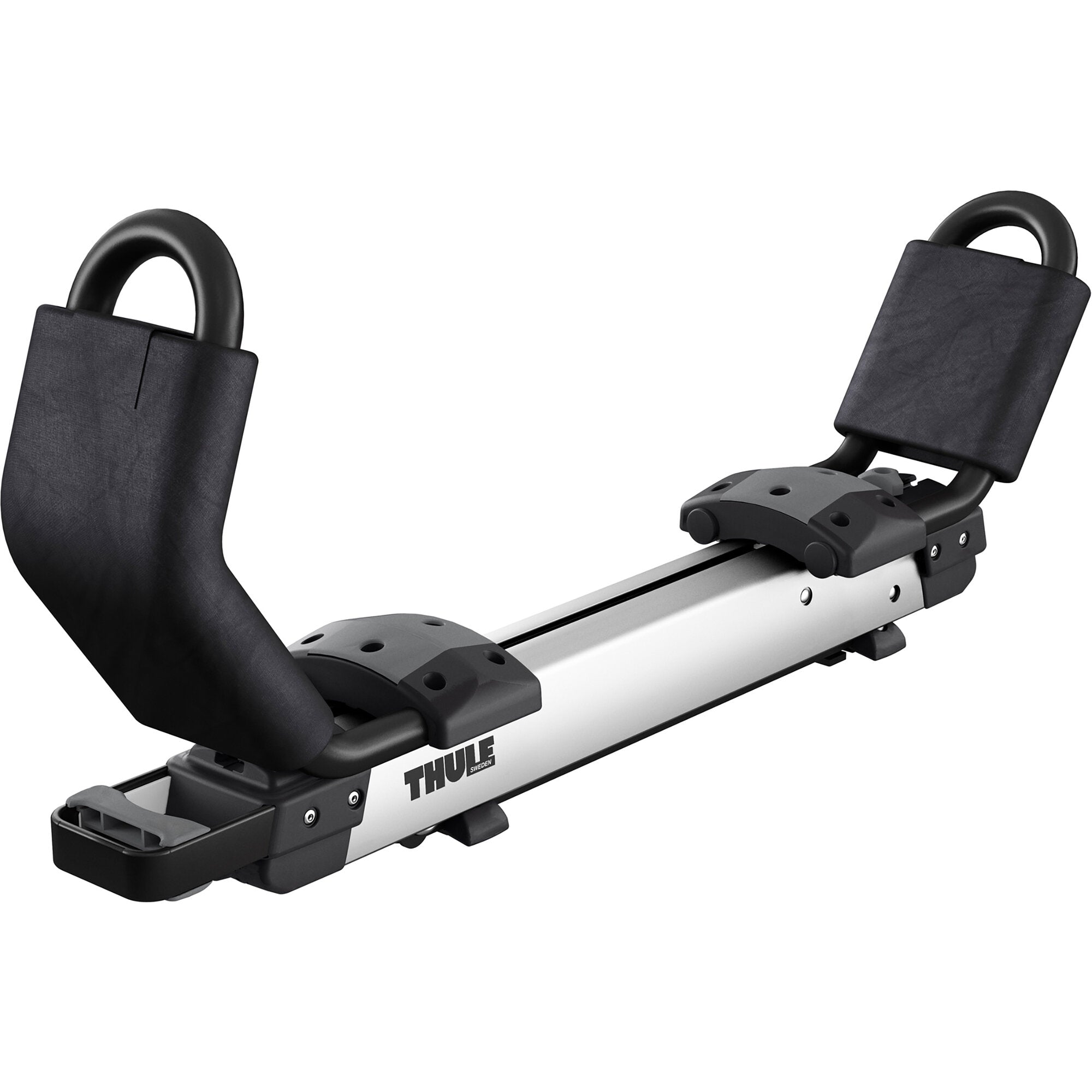 Nahaufnahme des Thule Hullavator Pro Kajakhalters mit gepolsterten Seitenarmen, silbernem Tragprofil und sichtbarem THULE-Logo