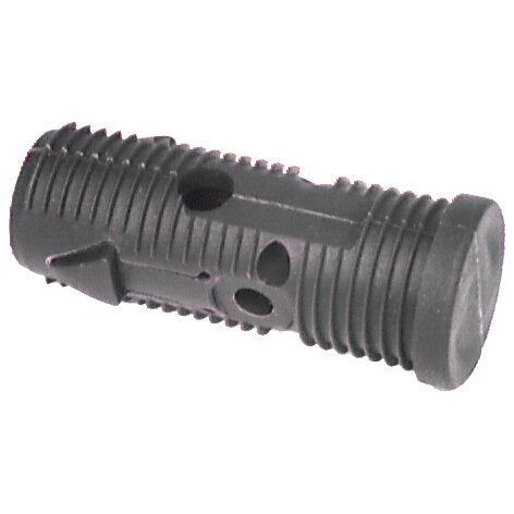 Schwarzer Bodengleiter aus Kunststoff, zylindrische Form mit umlaufenden Rippen, seitlichen Löchern und Clips, Durchmesser 22 mm