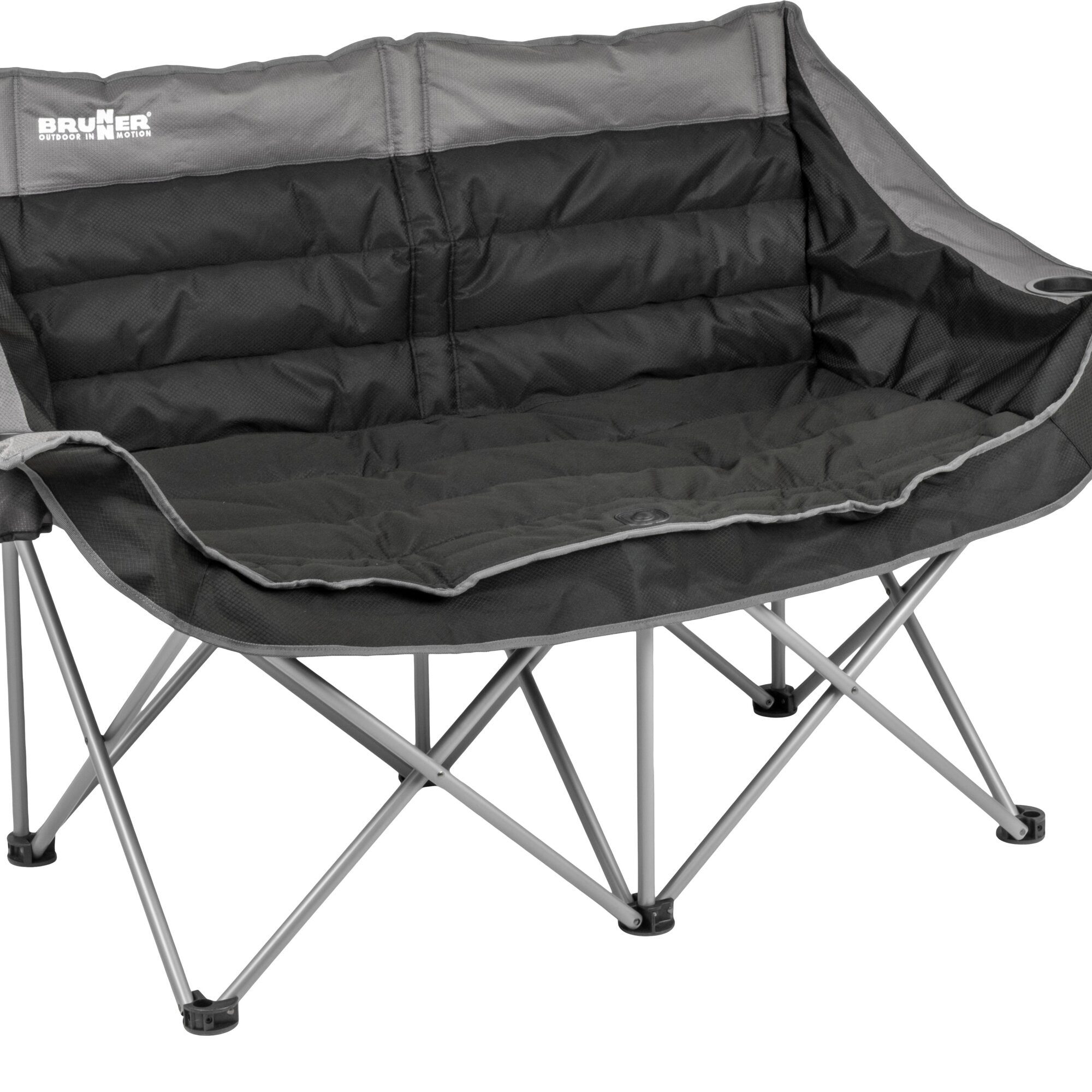 Teil eines faltbaren Sofas mit gepolstertem Sitz und Rücken, schwarzer Stoff, grauen Kanten, Brunner Logo auf Bezug, Stahlgestell sichtbar