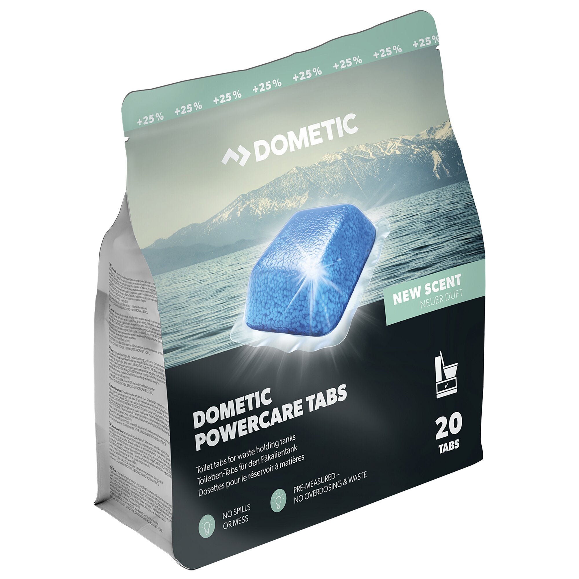 Verpackung eines Toilettenzusatzes Dometic PowerCare Tabs Beutel mit blauem Tab Bergsee-Hintergrund +25% Schriftzug oben und Hinweis 20 Tabs
