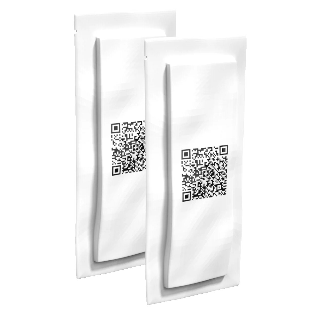 Zwei weiße, stehende Beutel mit QR-Codes auf der Vorderseite, glatte Oberfläche und schlichte Folienverpackung