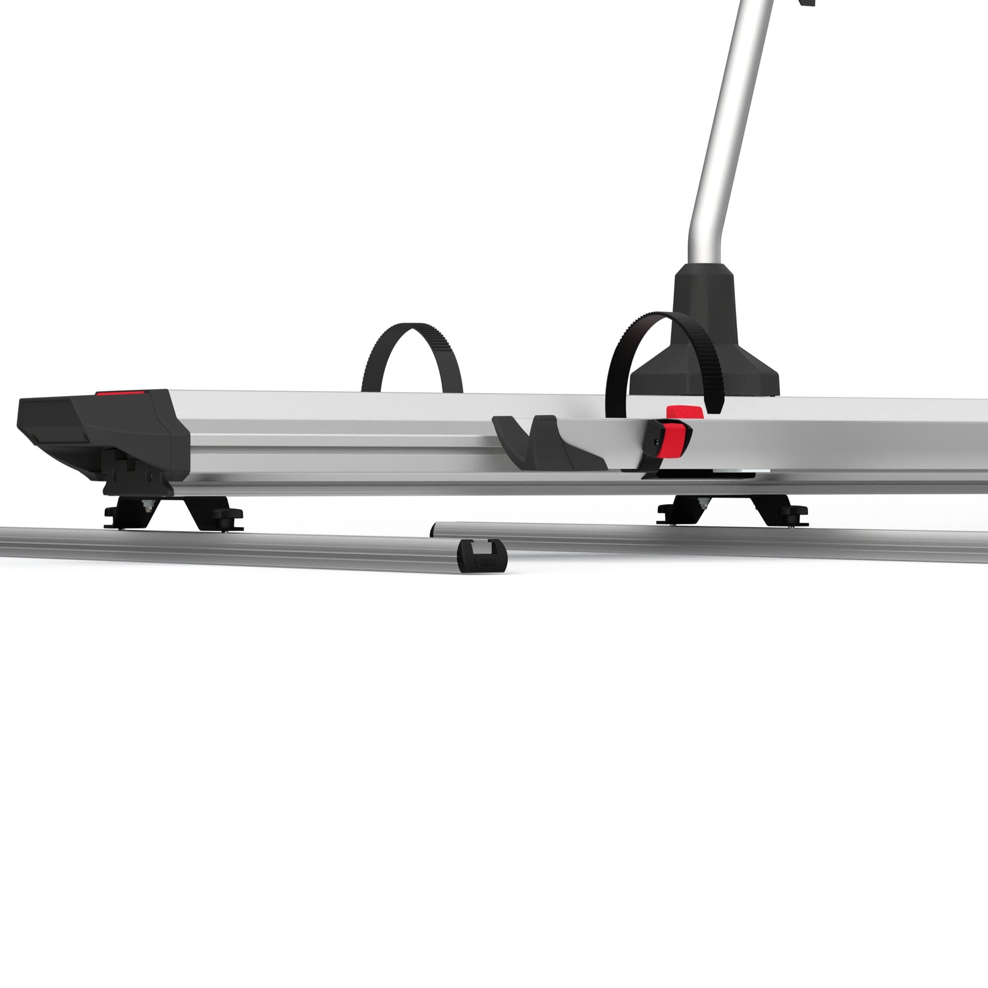Carry-Bike Garage Slide Deluxe Fahrradträger mit silbernem Rohrgestell, schwarzem Unterbau, Halteklammern und roten Verriegelungen