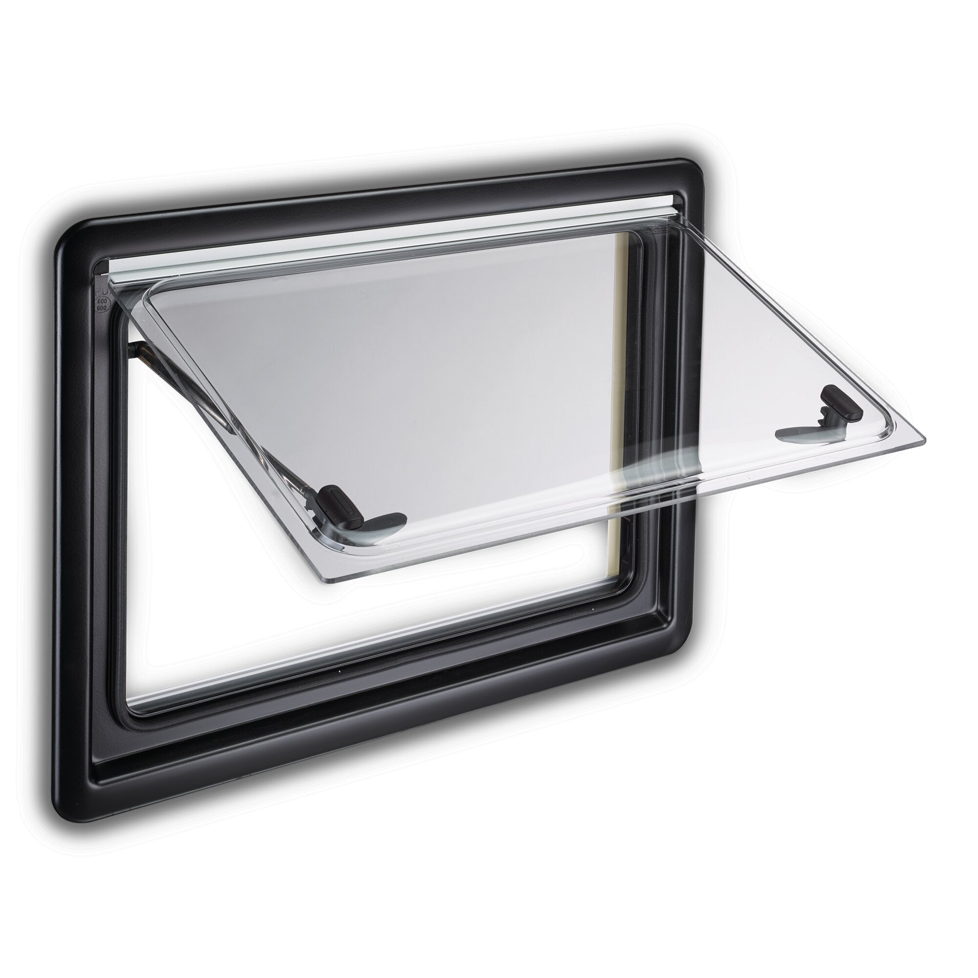 Schwarzer Fensterrahmen mit geöffneter transparenter Ersatzscheibe S4, sichtbare Gummidichtung und Öffnungsmechanismus am unteren Rand