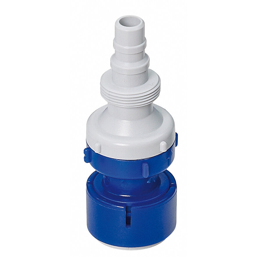 Rückschlagventil mit Gewindetülle UniQuick, 10/12 mm, weißes Oberteil mit Innenrohr, blaues Basisteil