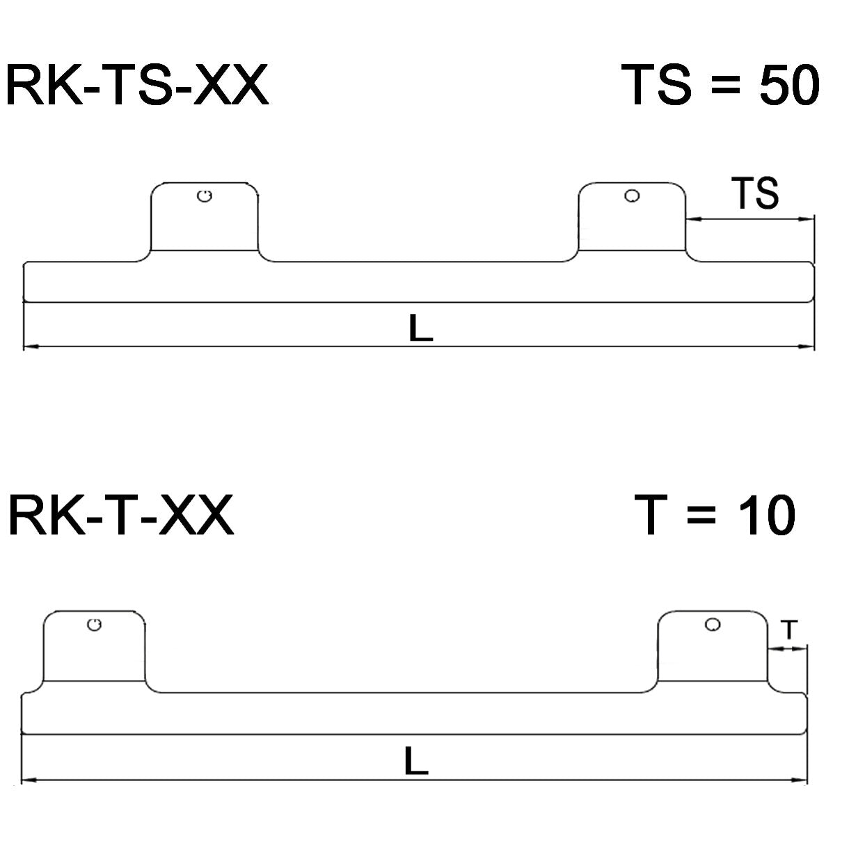 Technische Zeichnung eines Sicherheitsprofils RK-TS-XX / RK-T-XX mit zwei Befestigungsnasen und Bohrungen; zeigt L, TS und T Maßlinien