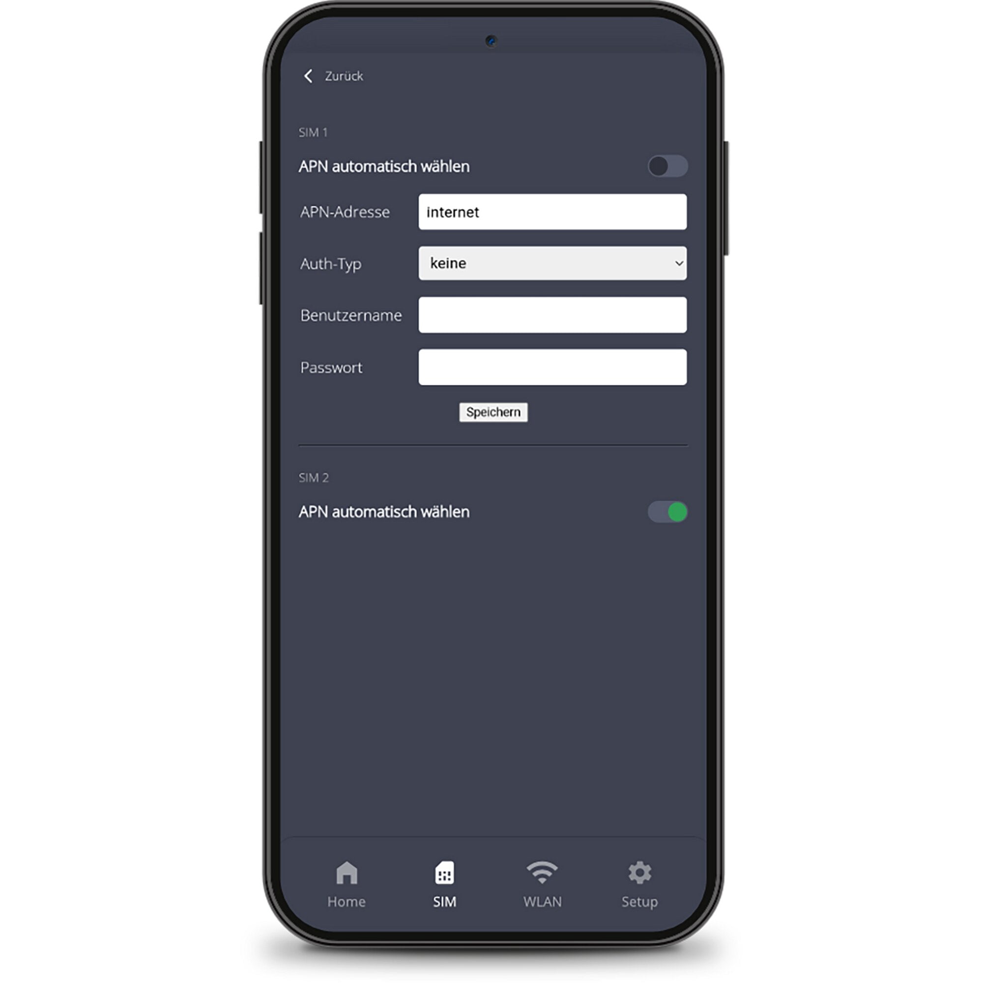 Smartphone-Display zeigt Router-Konfiguration mit SIM-Einstellungen, APN automatisch wählen, APN-Adresse internet, Auth-Typ keine, Speichern