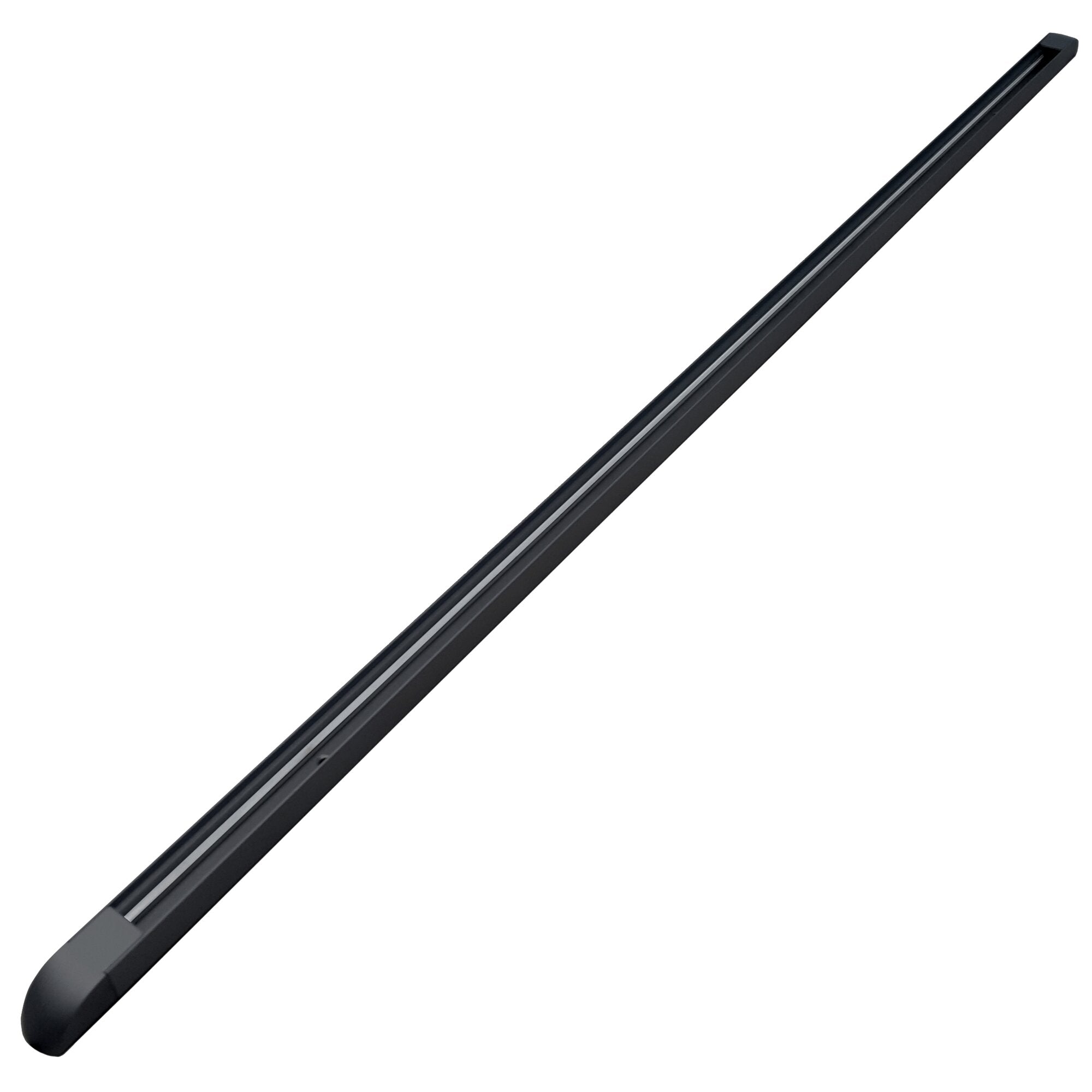 Schwarze Aufbauschiene in flacher Form mit zwei hellen Führungsstreifen, diagonale Perspektive von unten links nach oben rechts, 600 mm lang