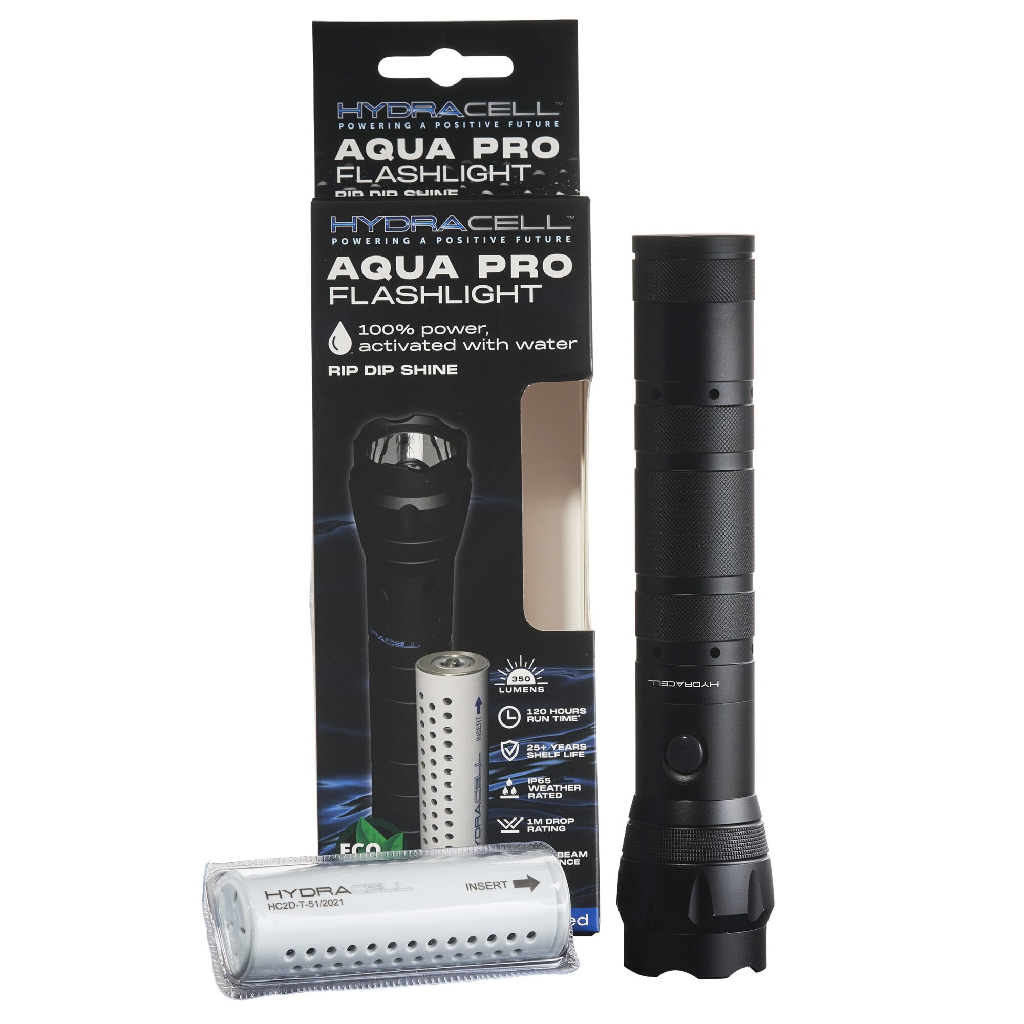 Schwarze Taschenlampe mit griffigem, geriffelten Körper steht neben einer Verpackung mit AQUA PRO FLASHLIGHT und Hydracell-Branding