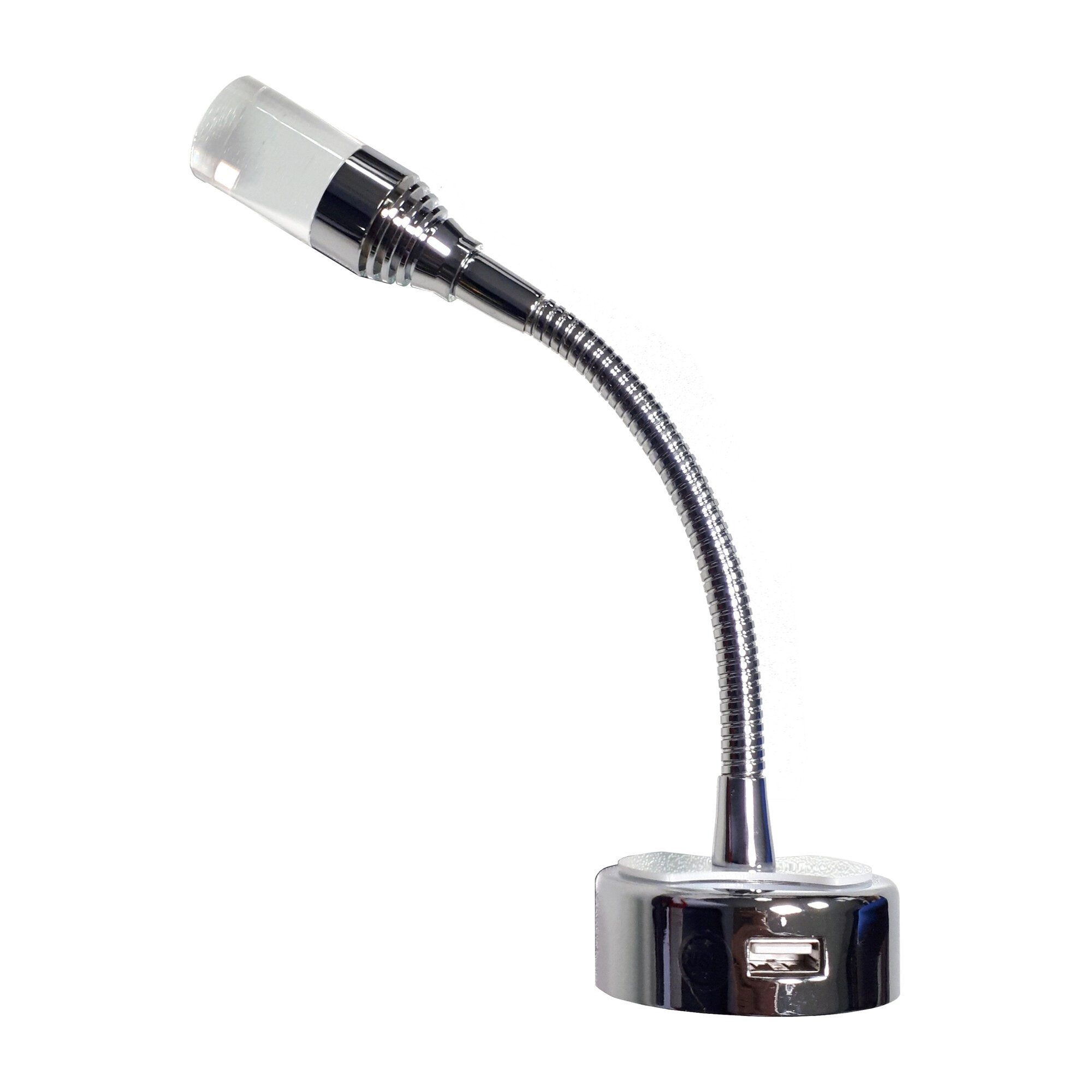 Verstellbare Leseleuchte mit flexiblem Schwanenhals, silberne Basis mit USB-Anschluss und Lampenkopf aus Metall