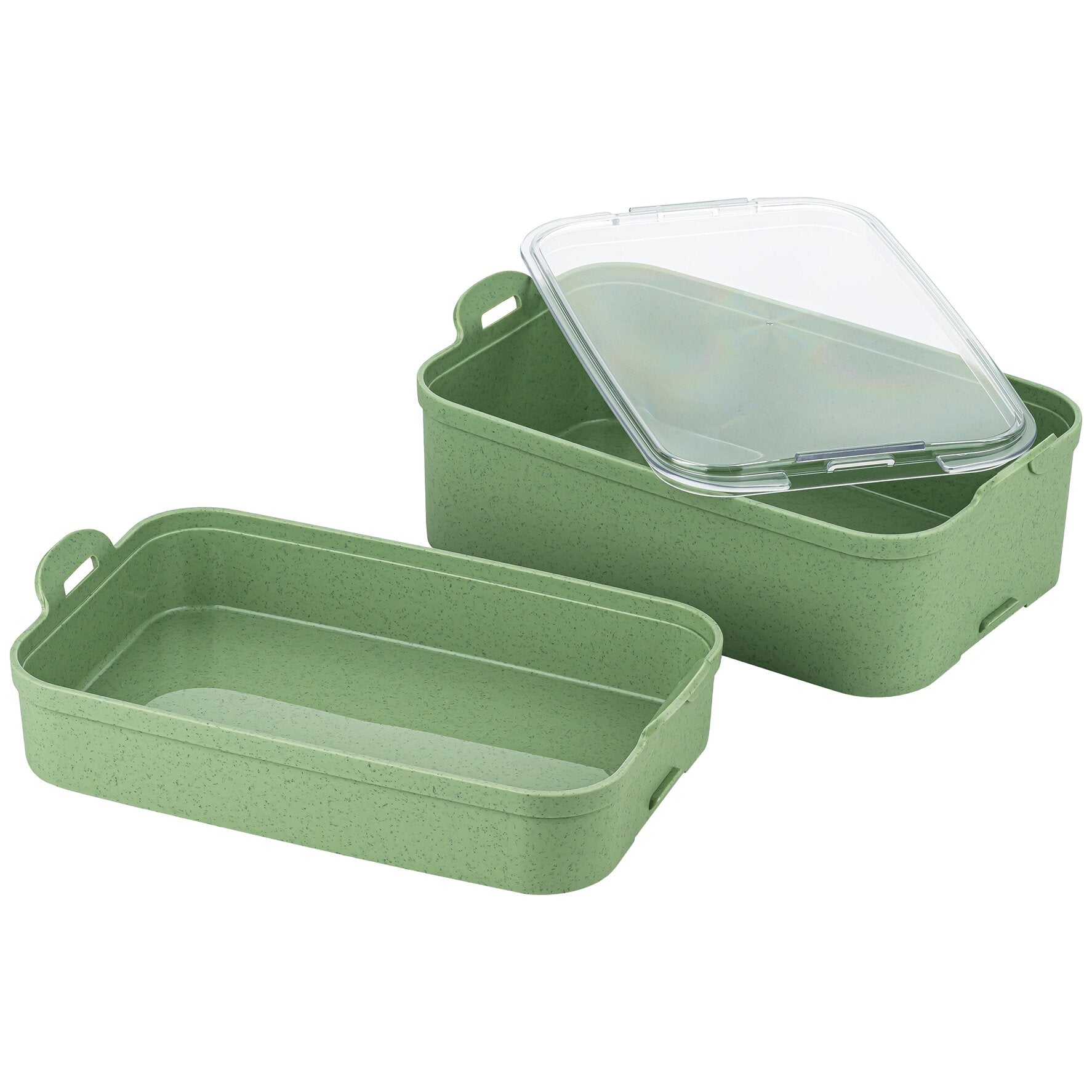 Grüne STAKK BentoBox 2 Lunchbox aus speckled Kunststoff, bestehend aus drei stapelbaren Behältern mit klarem Deckel und seitlichen Griffen