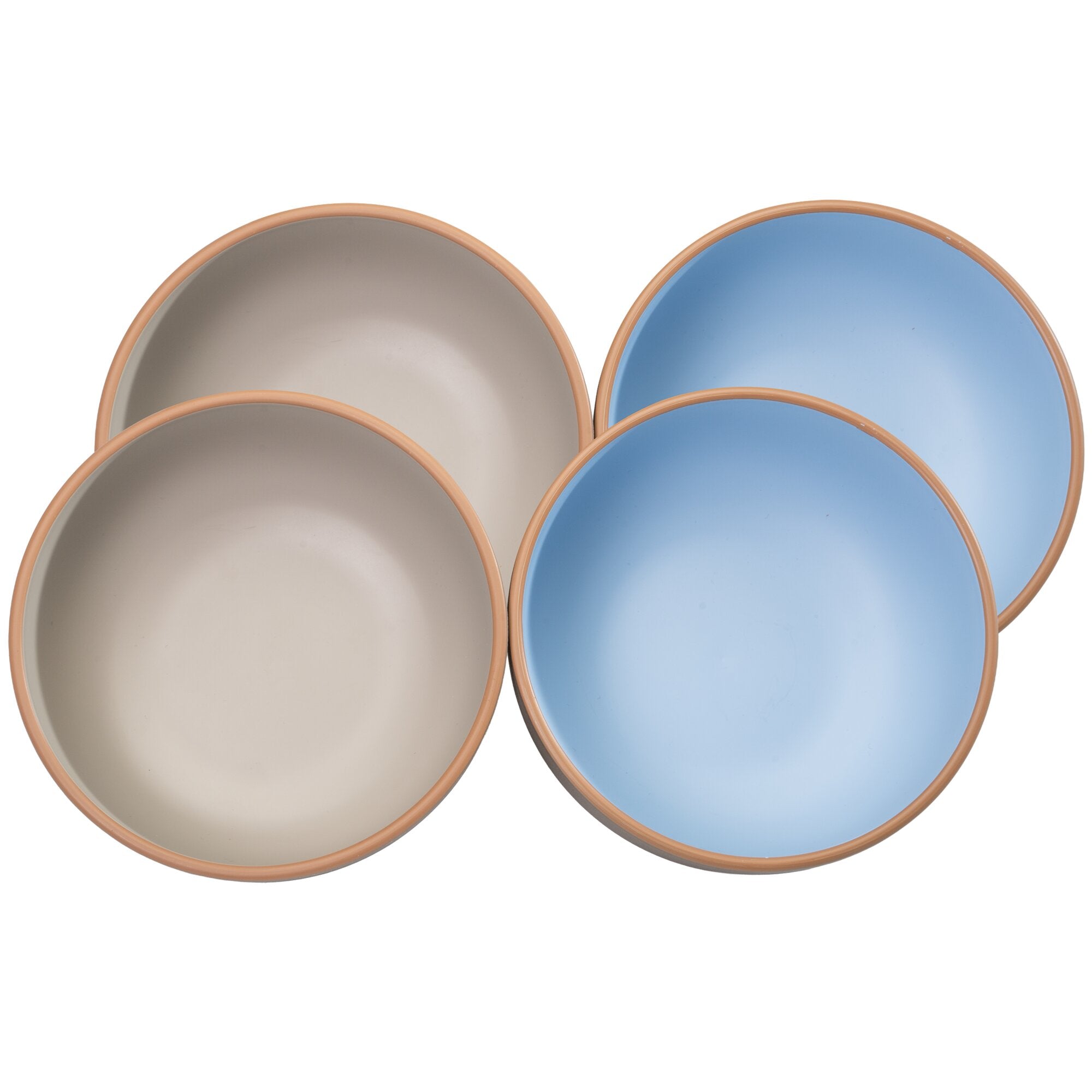 Mehrere runde Schalen des Florento Geschirrsets, peachfarbener Rand, innenfarben beige und blau, übereinander gelegt, Nahaufnahme