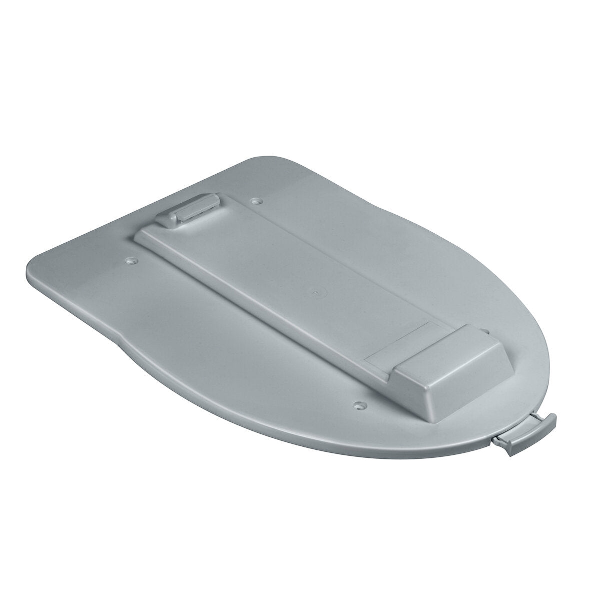 Grau oval geformte Kunststoff-Bodenbefestigung mit zentraler Nut, Verriegelungsblock und Clip am Rand für Porta Potti 565