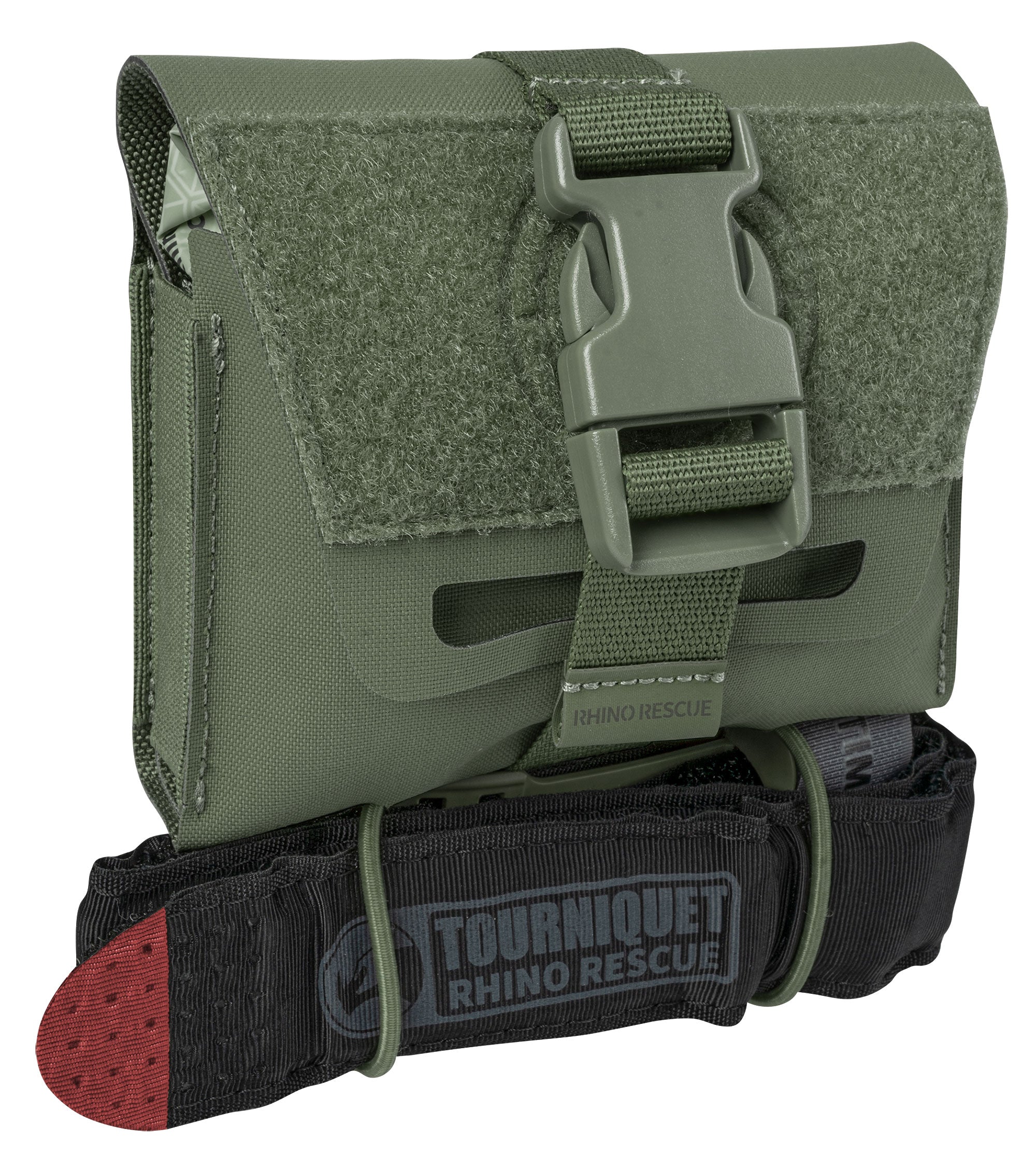 Kompaktes olivgrünes Rhino Rescue CLC IFAK Level-I Mini Erste-Hilfe-Set mit Klettverschluss und robustem Schnellverschluss,.
