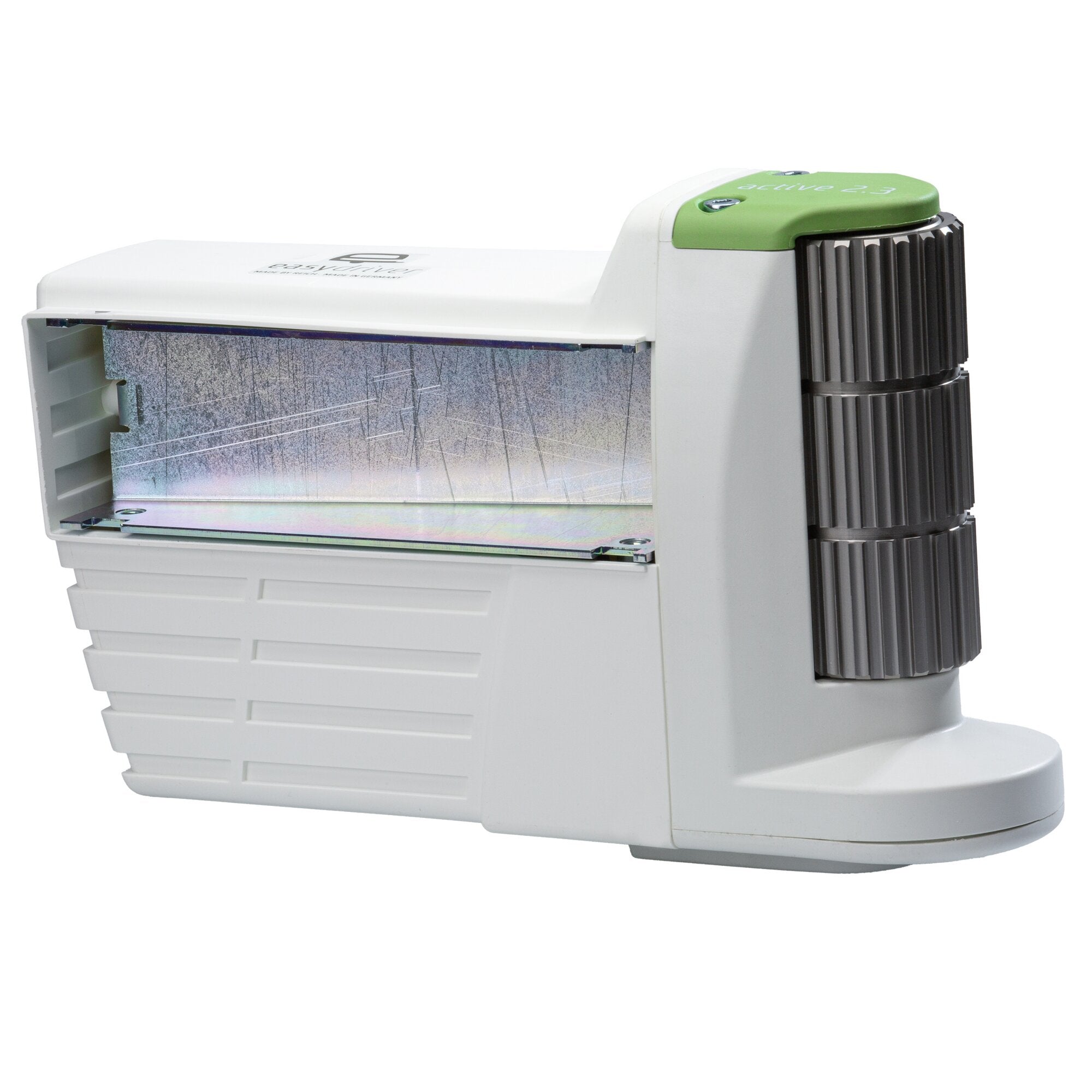 Detailansicht einer easydriver active 2.3 Motor-Getriebeeinheit, weißes Gehäuse mit grüner Abdeckung oben, rechts ein grob gerilltes schwarzes Zahnradteil