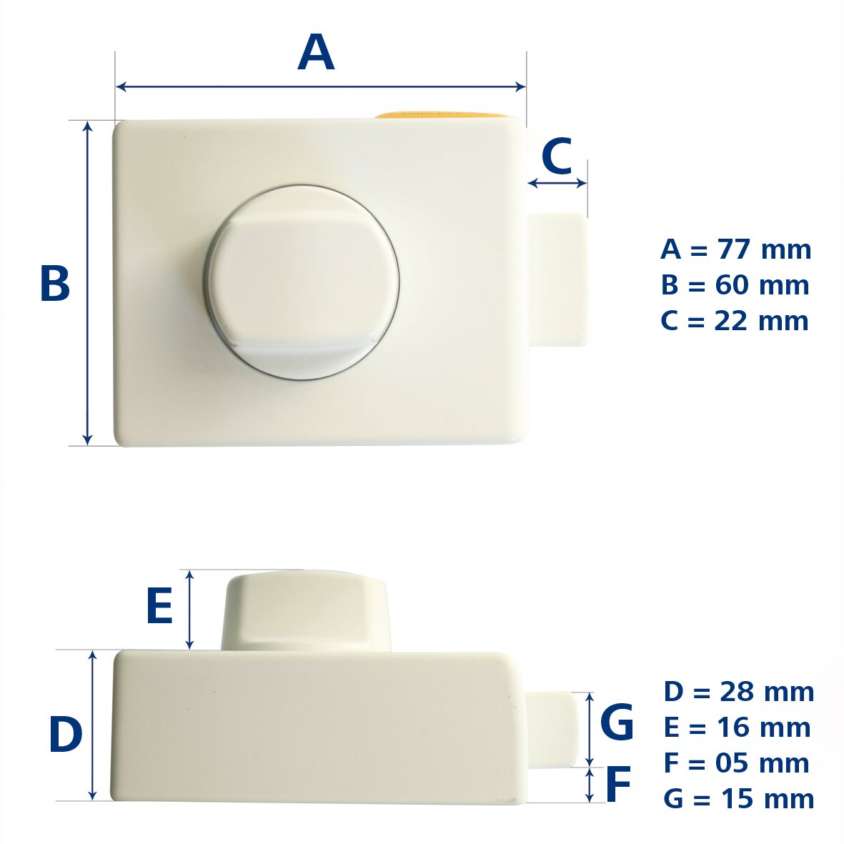 HEOSafe Zusatzschloss Universal; Korpus mit zentralem runden Drehknopf und seitlich hervorstehendem Steckteil; A 77 mm, B 60 mm, C 22 mm