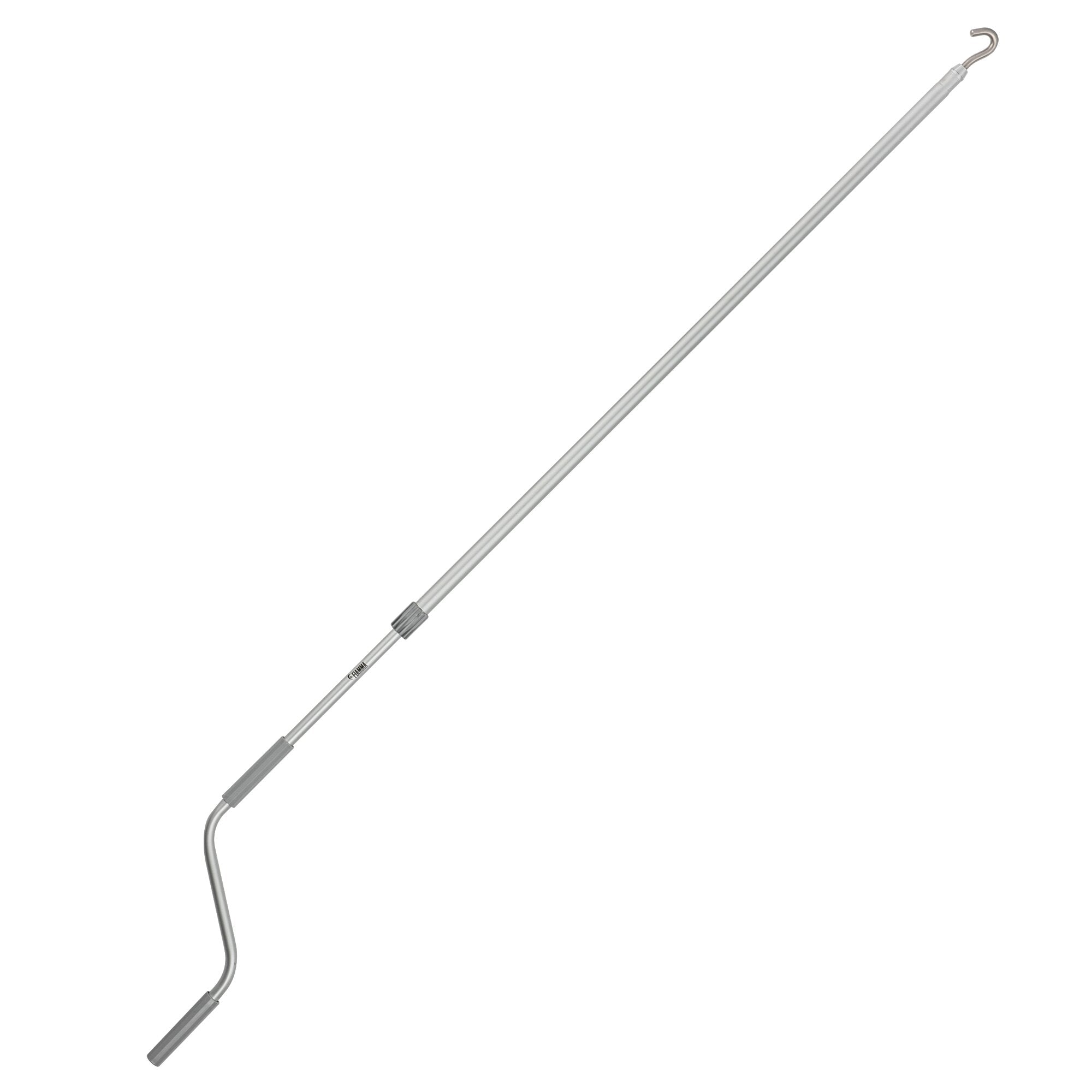 Langgestreckte silberne Aluminium-Handkurbel mit oben gebogenem Haken, mittig sichtbare Klemme, diagonal vor weißem Hintergrund, 240 cm lang