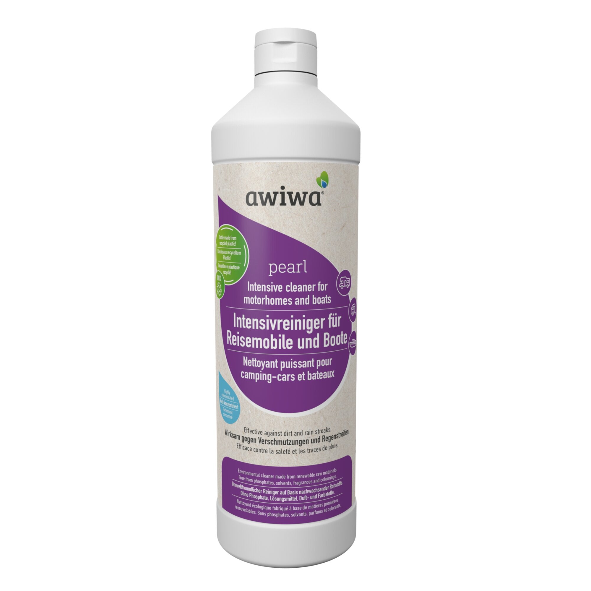 Weiße Kunststoffflasche mit Schraubkappe, beige etikettiert mit lila Fläche; sichtbarer Markenname awiwa und pearl, Text Intensive cleaner for motorhomes and boats