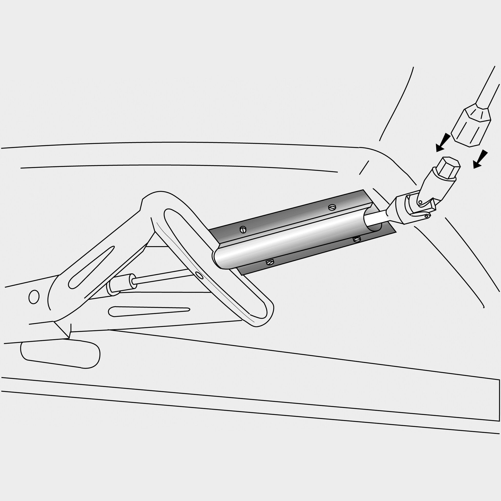 Lineare Diagrammzeichnung des Komfortkit für Ausdrehstützen: zwei Rohre, Halterung mit Schrauben, Griff mit Vierkantknauf und Montagepfeile