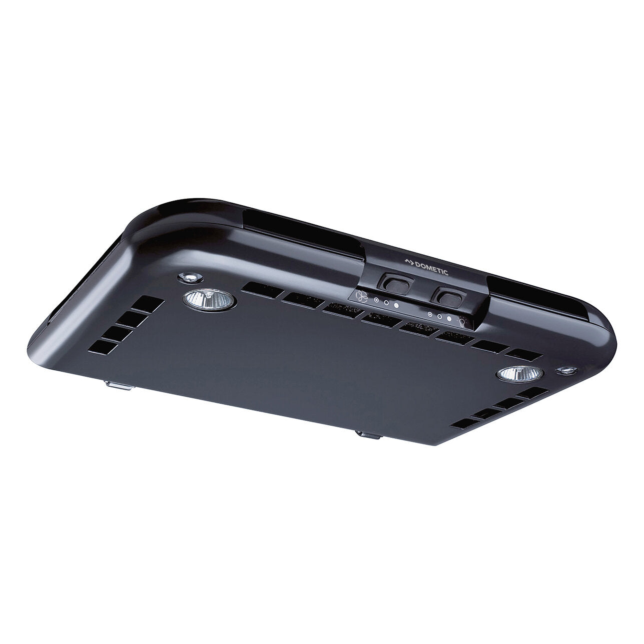 Unterseite einer schwarzen Dunstabzugshaube CK 2000 von Dometic, zentrales Bedienfeld, zwei LED-Lampen und zahlreiche Luftschlitze entlang der Gehäusekante
