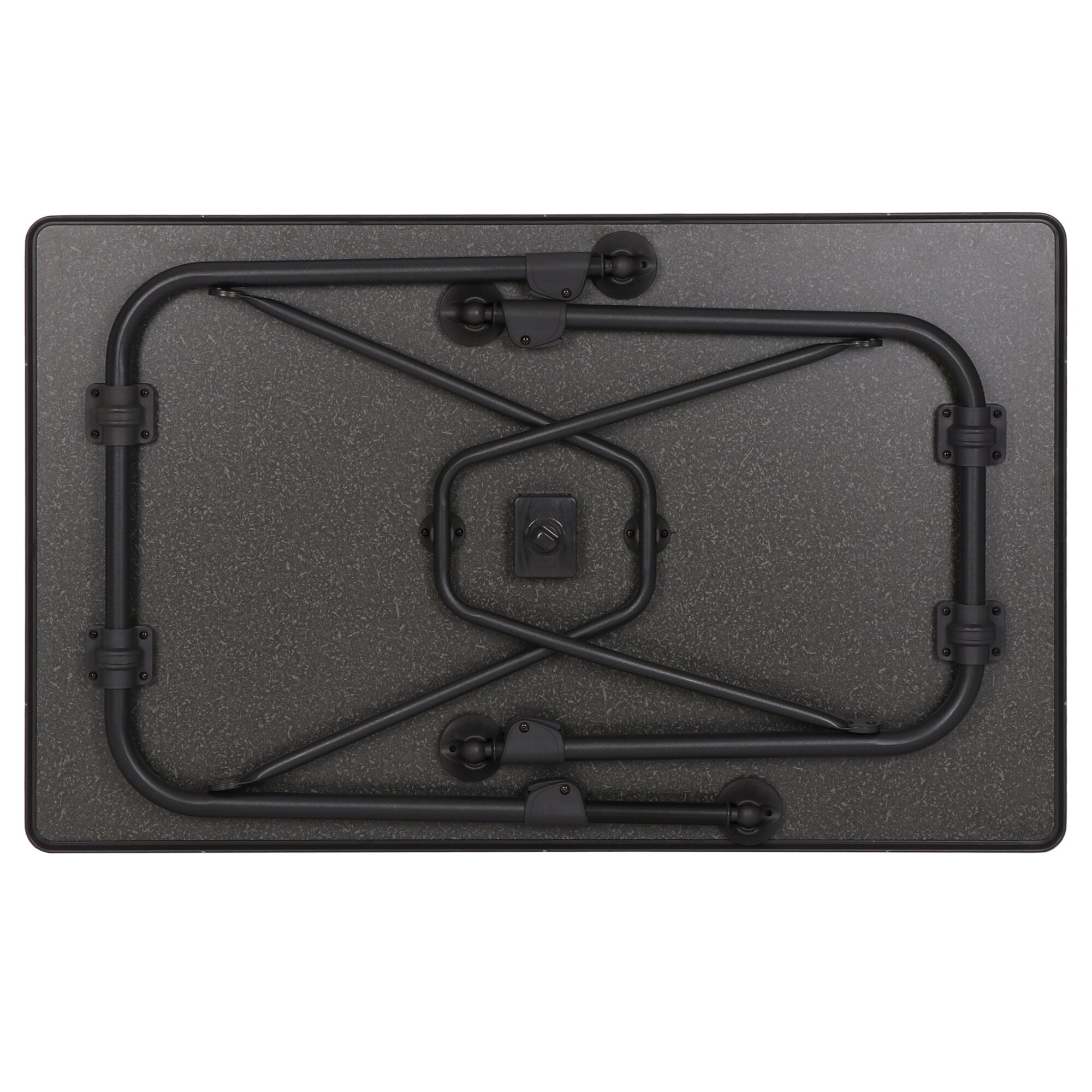 Untersicht eines klappbaren Campingtischs Aircolite Black Edition, 115 cm, mit schwarzem Metallrahmen, Gelenkverbindungen und Verriegelungen