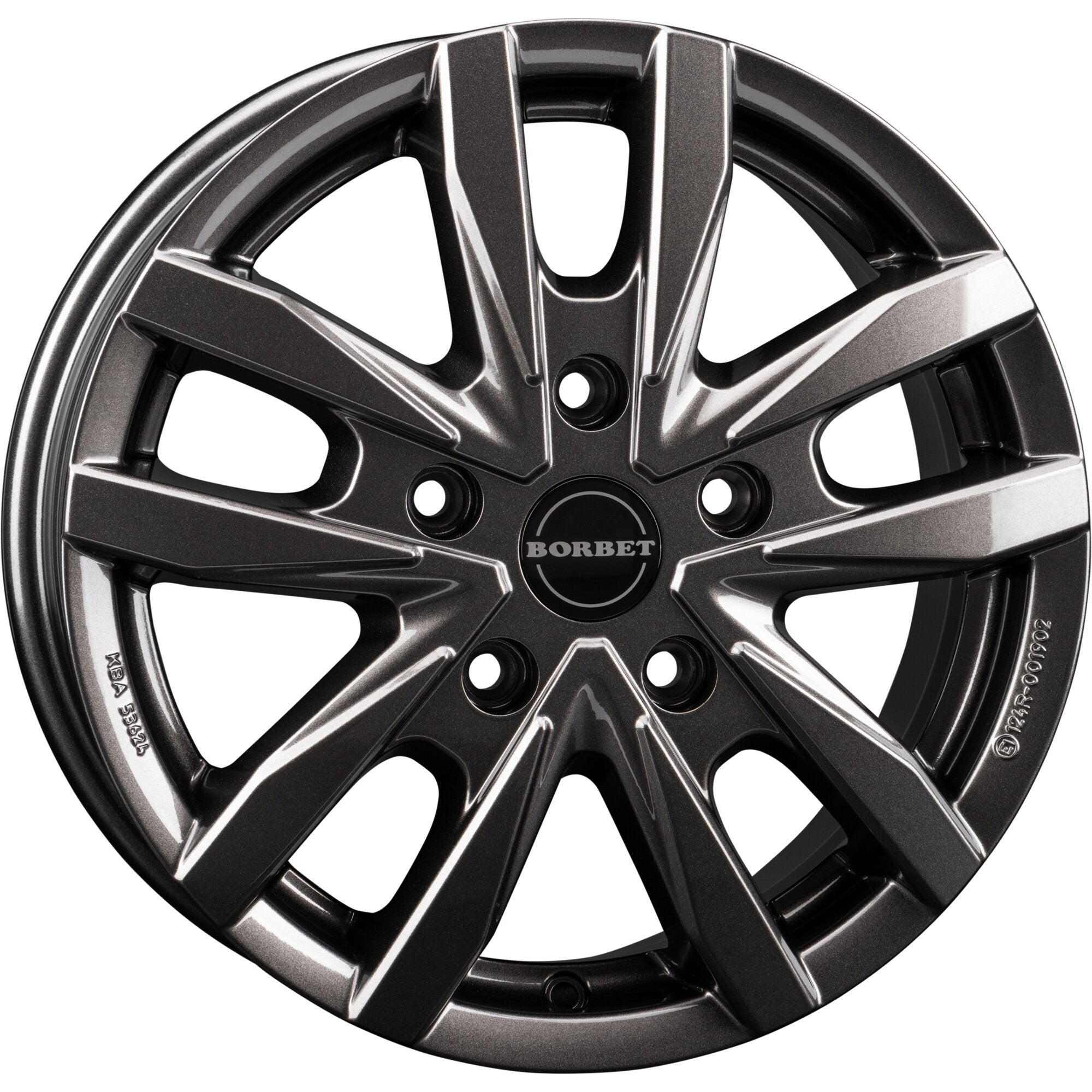 Nahaufnahme einer mistral anthracite glänzenden Aluminiumfelge CW5 mit Mehrspeichen-Design und zentraler BORBET-Logo-Kappe