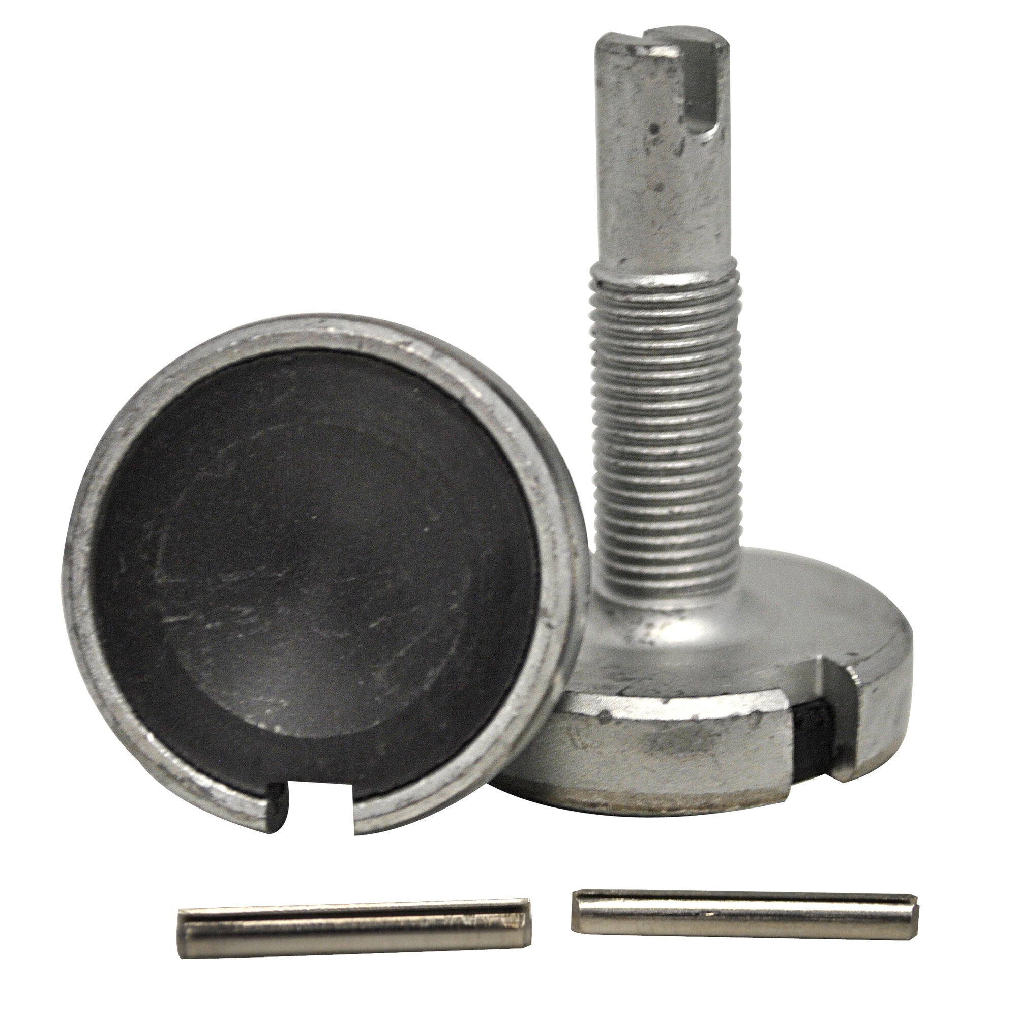 Detailaufnahme eines Reibbelag-Sets für AKS 2000 bis '96 (links/rechts): Gewindebolzen, Metallfassung mit schwarzer Reibfläche, Klemmhalter und zwei Stäbe