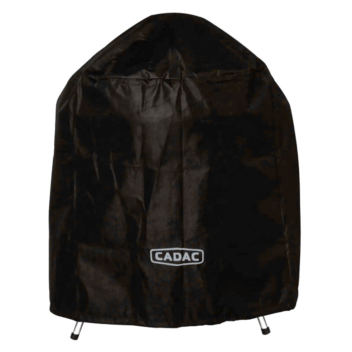Schwarze Abdeckhaube Deluxe aus Stoff, vorne mit weißem CADAC-Logo, knitterig und passgenau geformt als Abdeckung für Grill oder Gerät