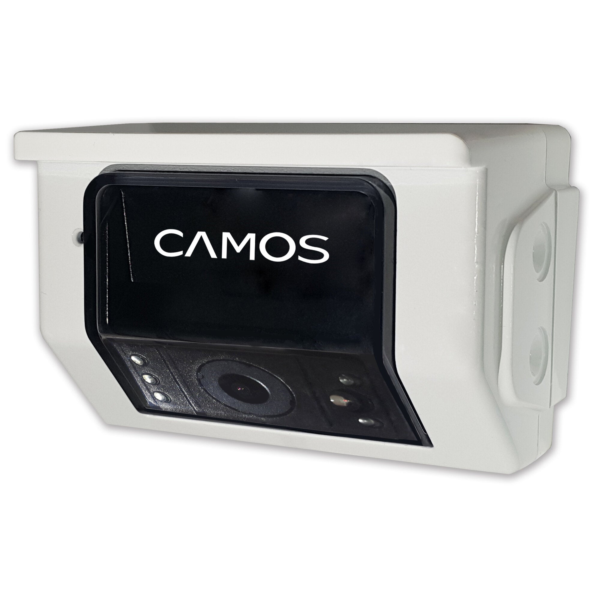 Weiße Rückfahrkamera CM-48W-NAV mit schwarzem Kamerakopf, CMOS-Sensor und umlaufenden LED-Lichtpunkten um das Objektiv, sichtbare Gehäusekante