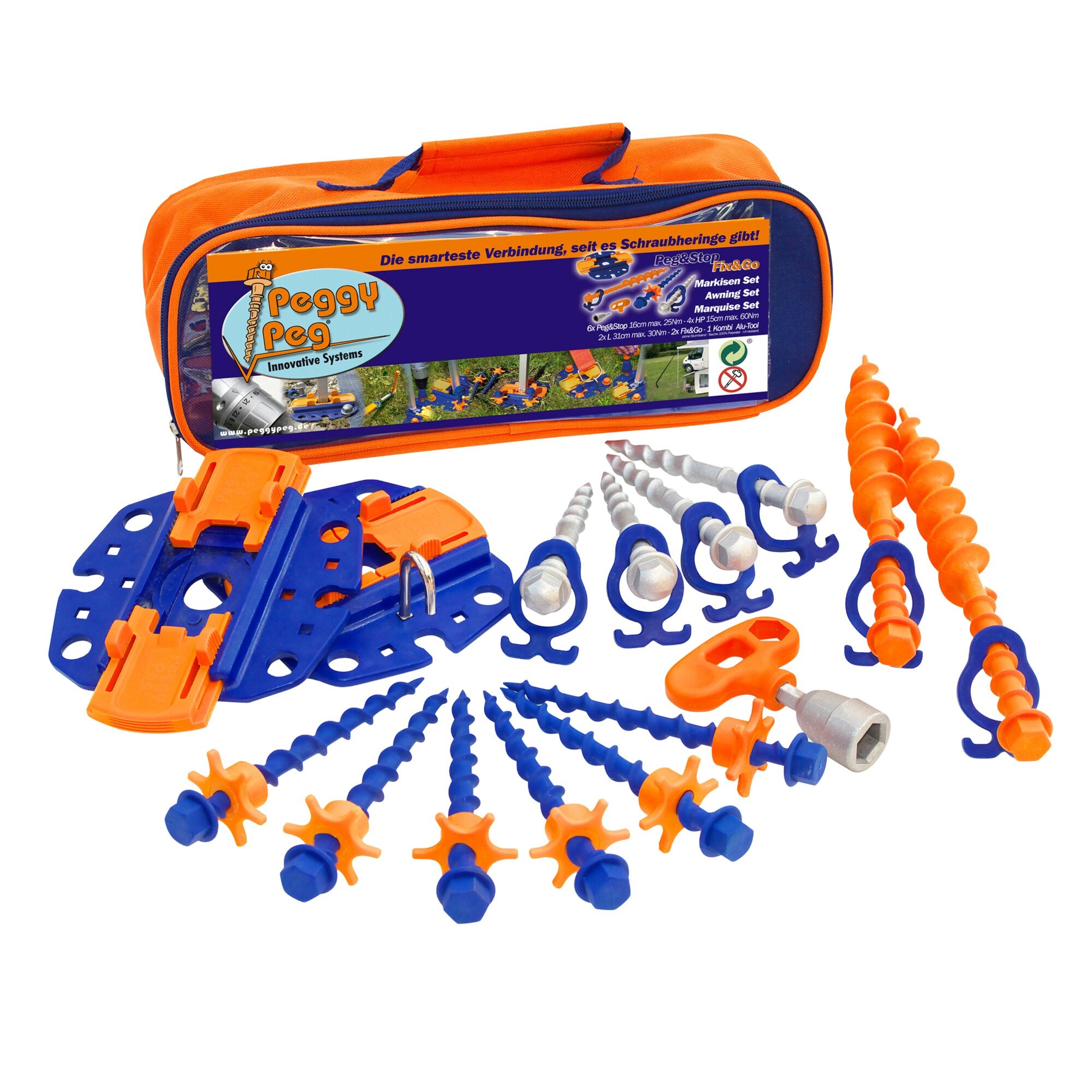 Orange-blaues Markisenmontageset in einer Tragetasche, sichtbare blaue Grundplatten, orange Halterungen, Schrauben, Dübel und Verbindungsteile