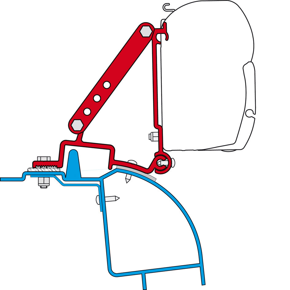 Schematische Darstellung eines roten Markisenadapters am Renault Master H2 montiert am Fahrzeugrahmen mit drei Löchern und Befestigungsschrauben