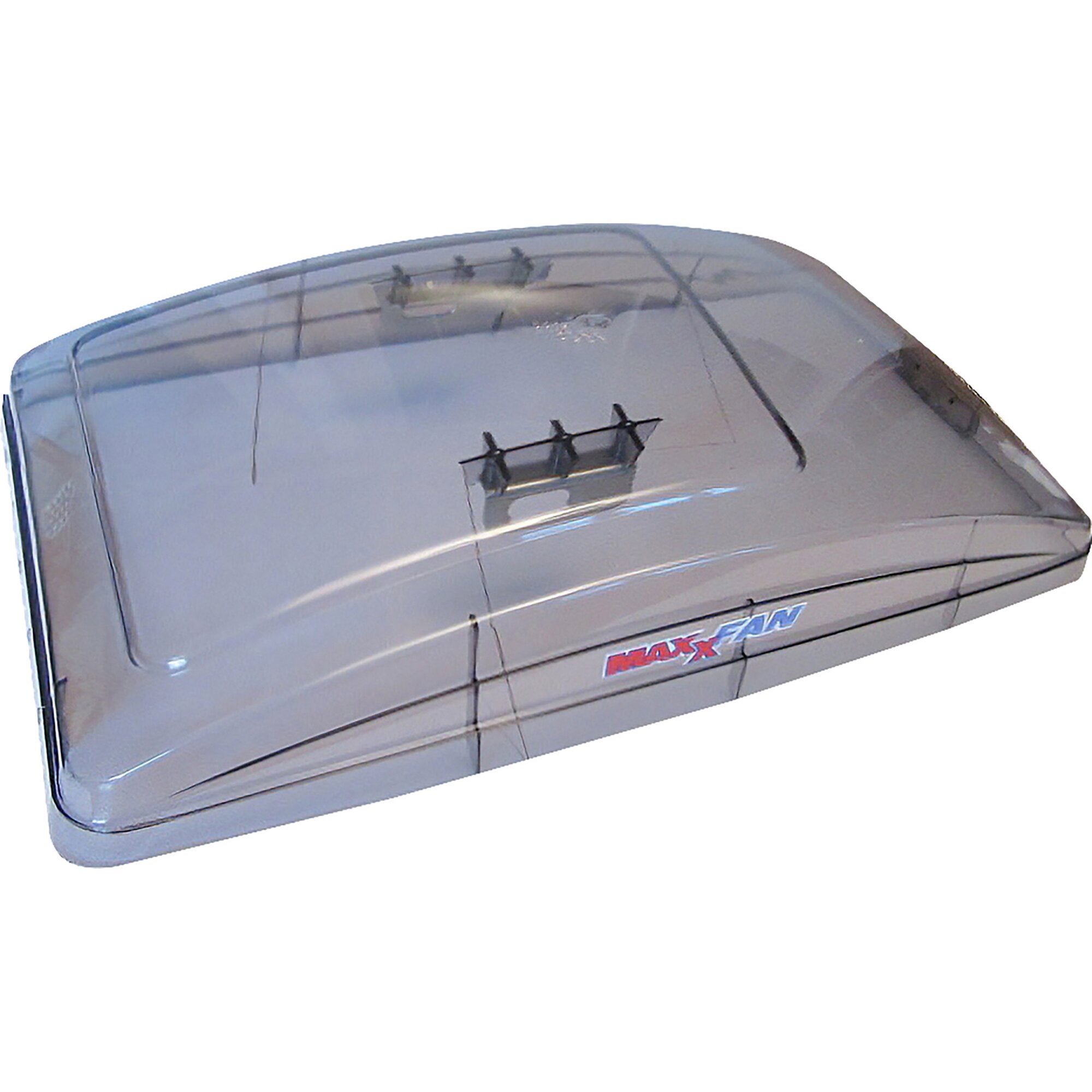 Durchsichtige Austauschhaube für MaxxFan Deluxe Dachventilator, silbernes Gehäuse mit transparenter Haube und sichtbaren Befestigungselementen