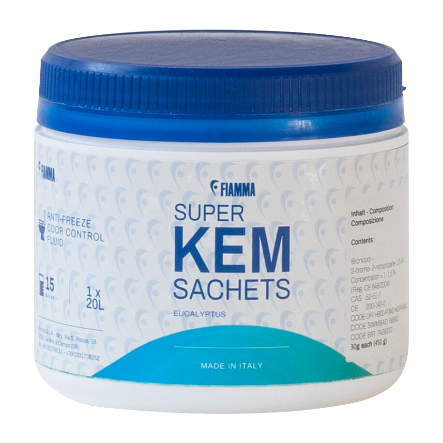 Weiße Kunststoffdose mit blauem Schraubdeckel, Etikett mit Super KEM SACHETS, Eukalyptusduft, Made in Italy