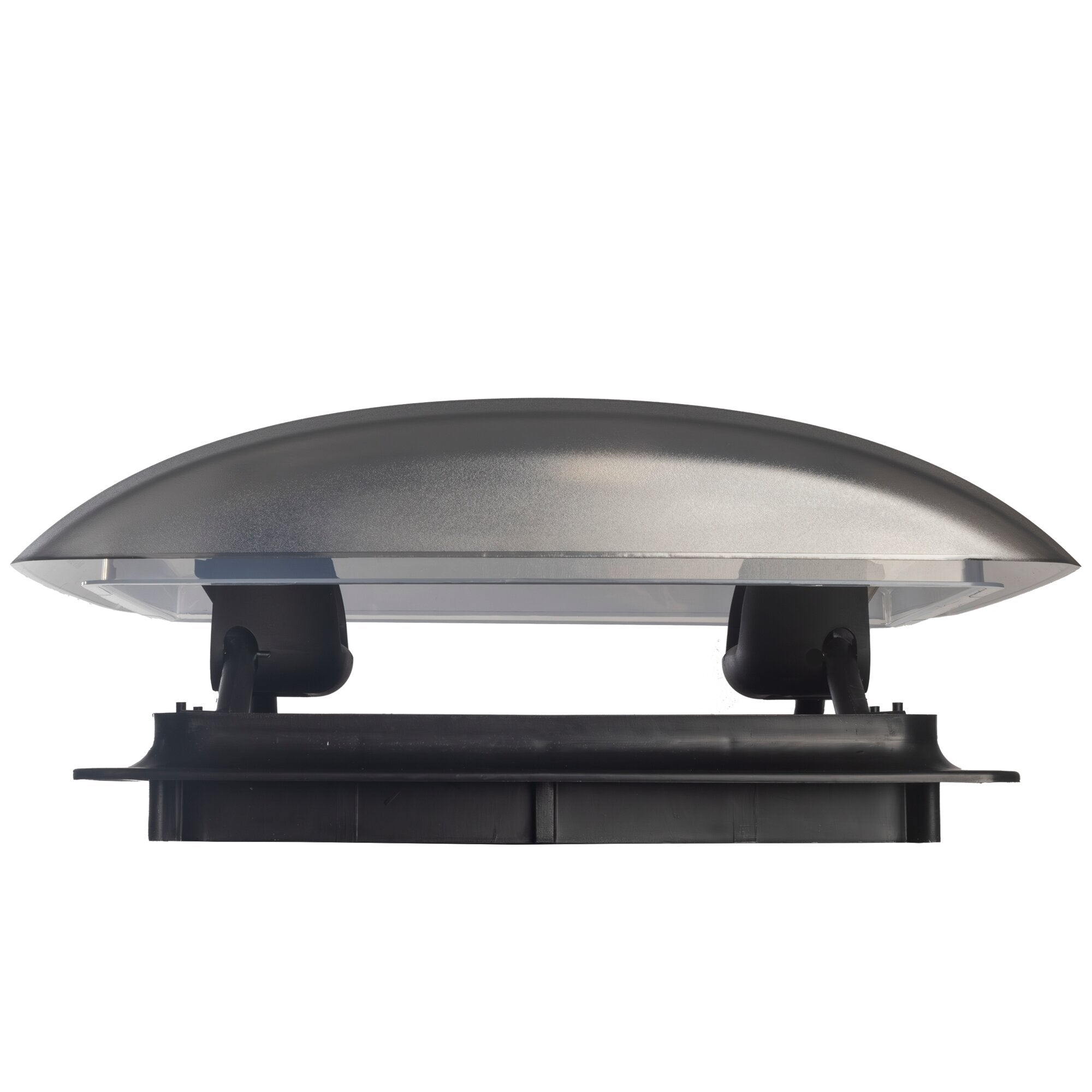 Runde, schwarze Dachhaube VisionVent S Pro mit Montagesockel; sichtbare Halte- und Montagesysteme am Unterbau