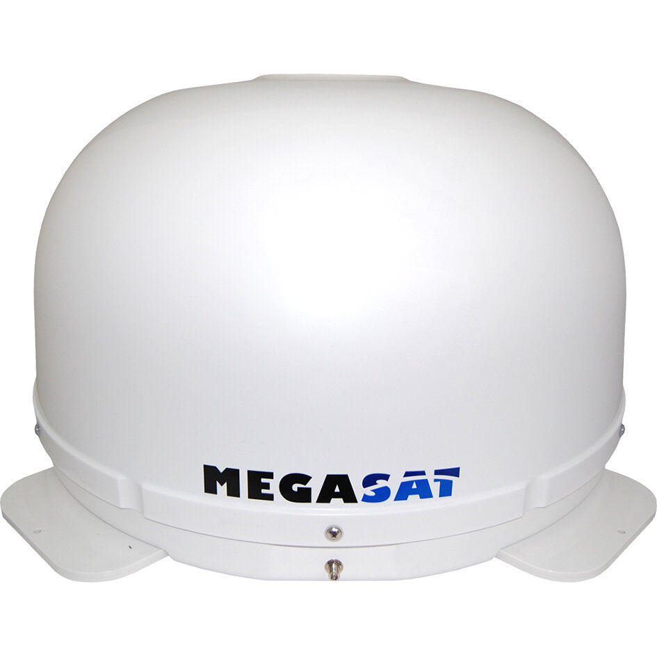 Weiße kugelförmige Satellitenantenne mit flacher Basis und Montageringen, vorn am unteren Rand das MEGASAT-Logo sichtbar