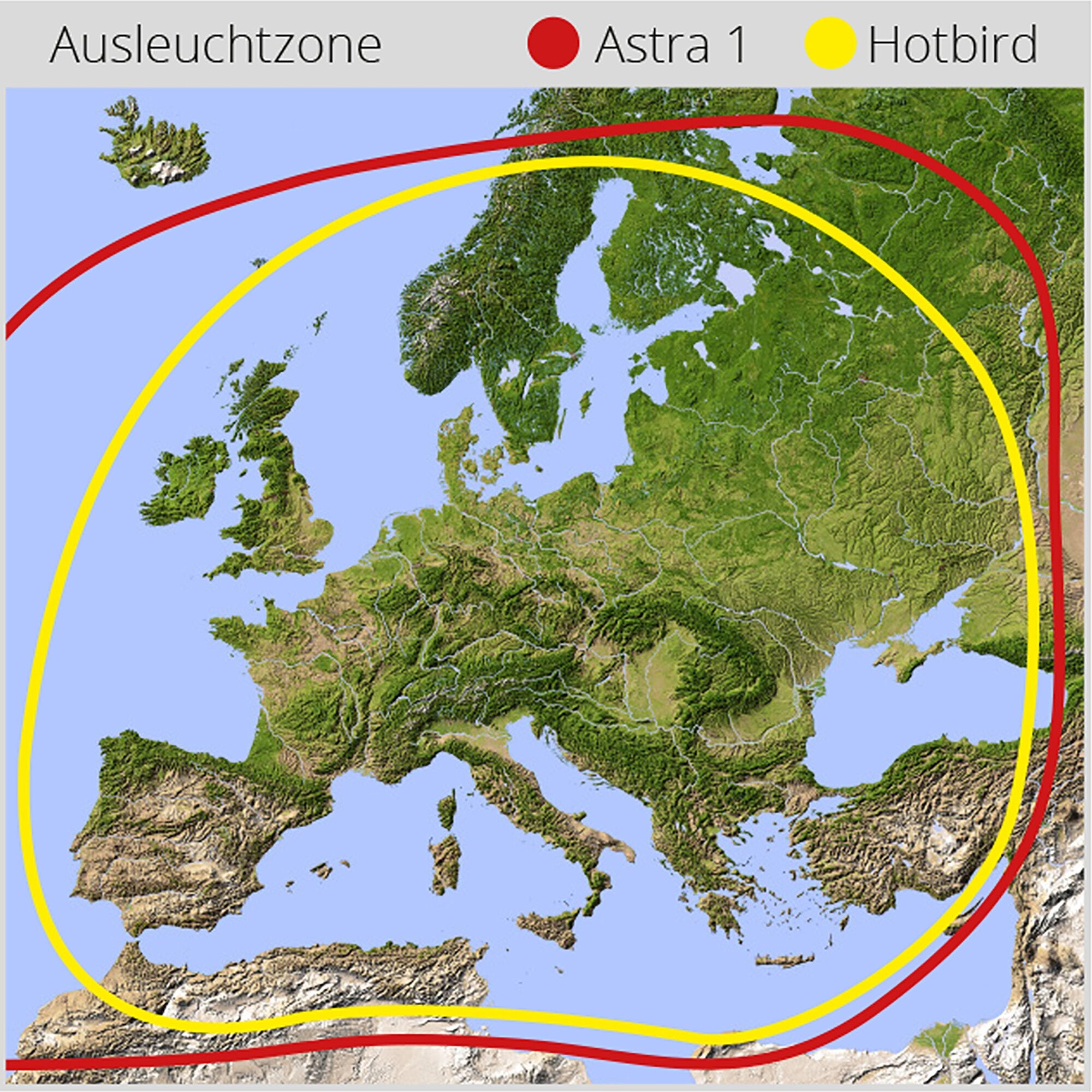 Kartenansicht Europas mit grüner Landschaft, blauem Meer und zwei Ausleuchtungsbögen in Rot und Gelb; oben graue Leiste mit Ausleuchtzone Astra 1 Hotbird