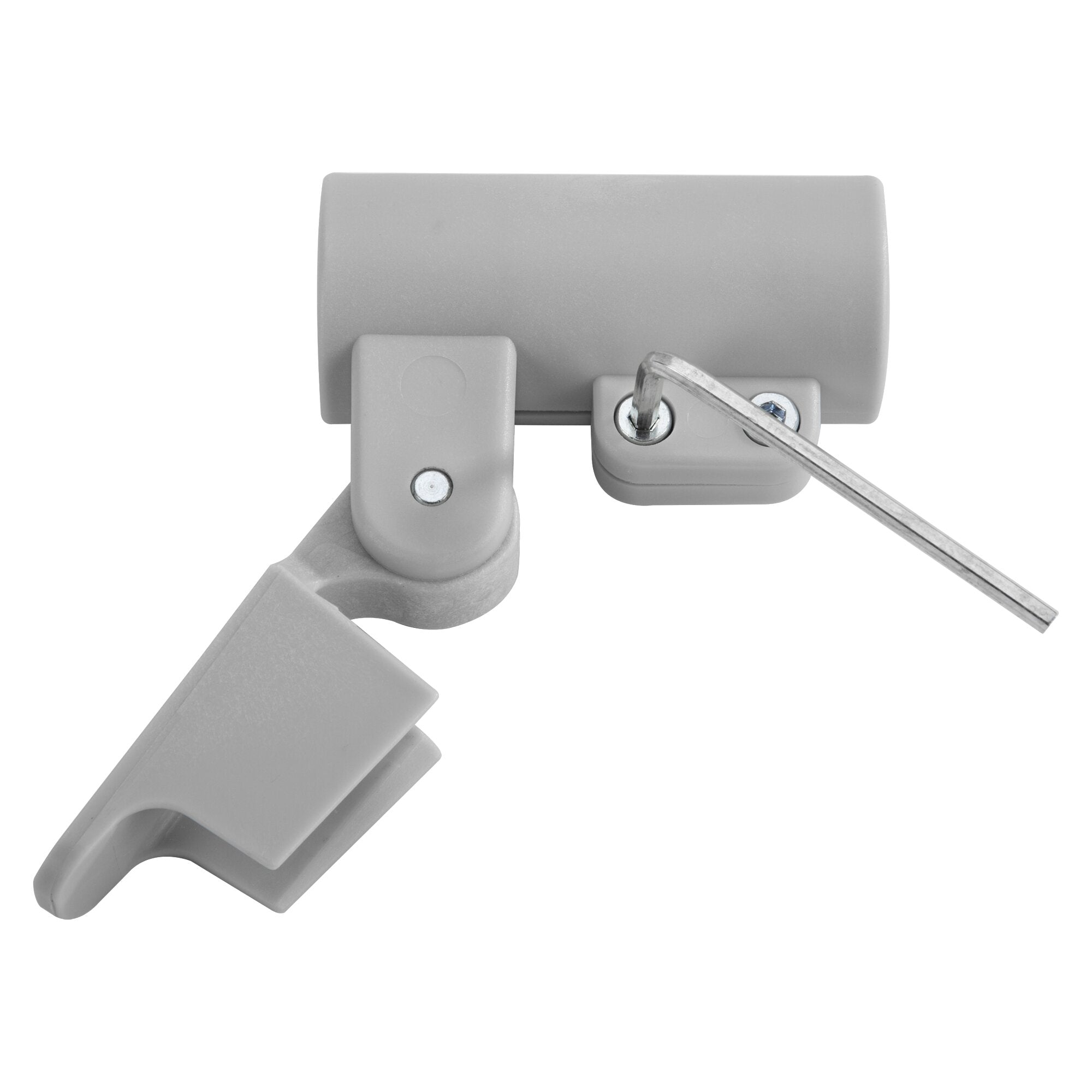 Nahaufnahme eines grauen Kunststoff-Schnellverschlusses, Hebelarm und sichtbaren Schraubverbindungen aus Metall