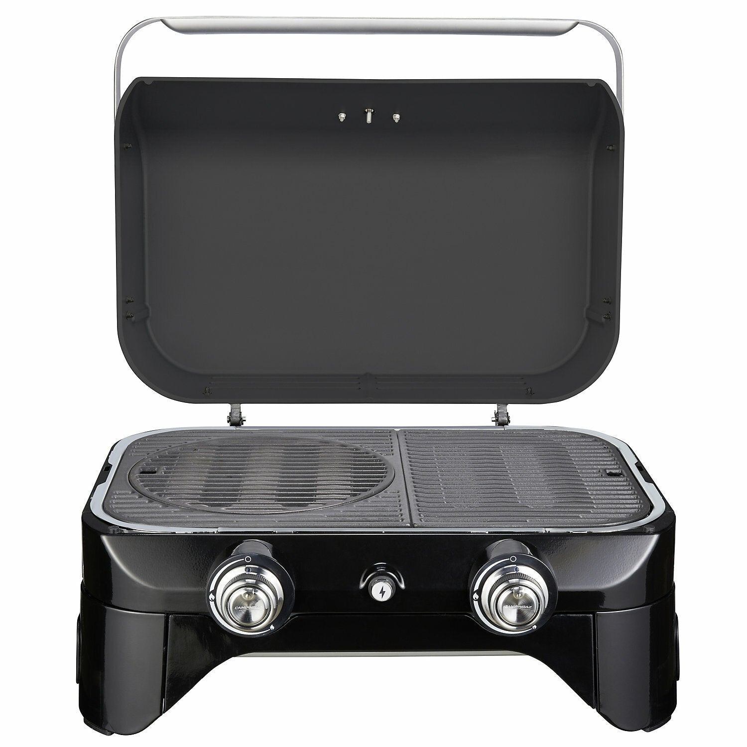Offener Tischgrill Attitude 2100 LX mit schwarzem Gehäuse, Edelstahlgriff, Innenraum mit Grillrost, zwei runde Bedienelemente vorne