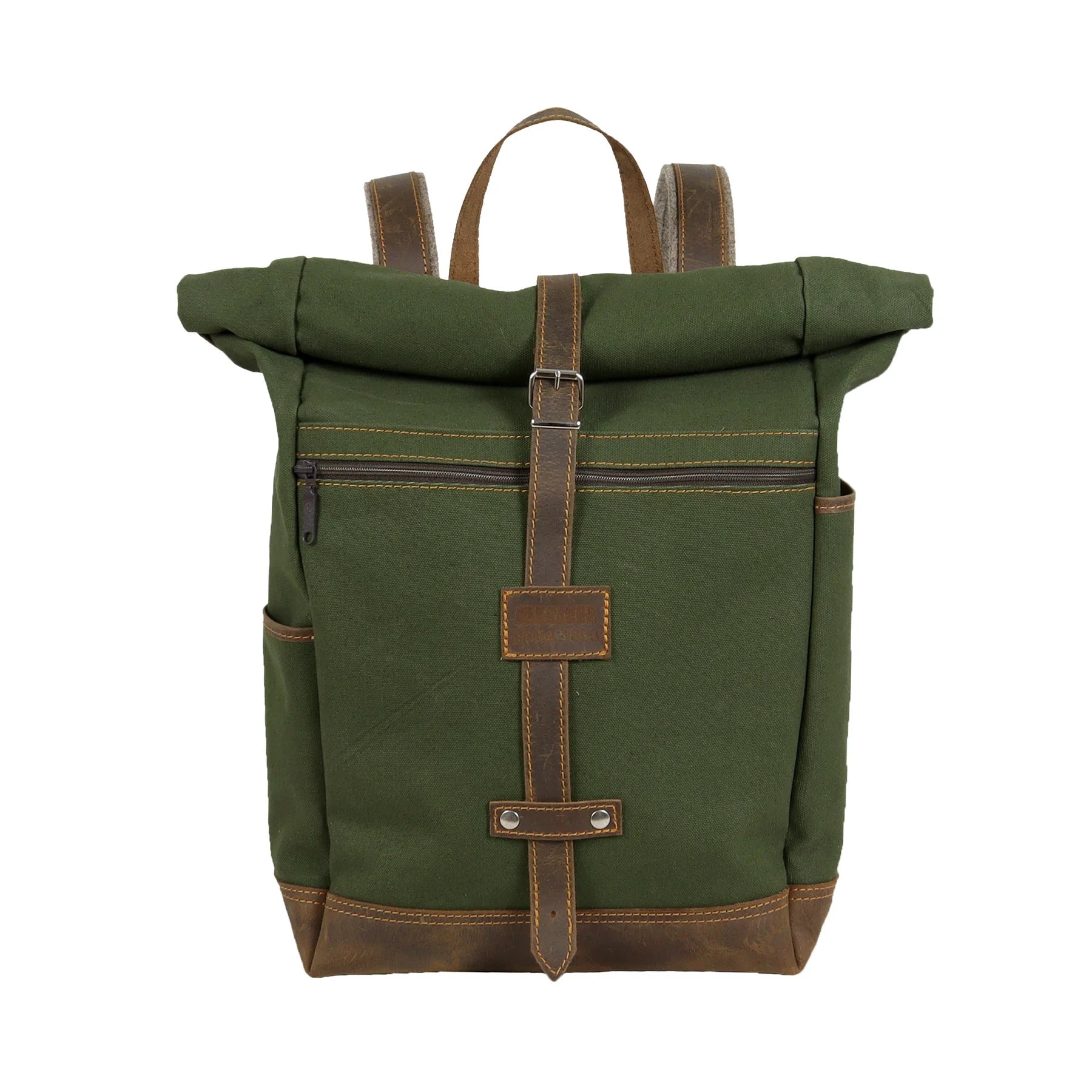 AKAH Rolltop-Rucksack aus Canvas · Frontansicht mit Lederboden und flacher Reißverschlusstasche