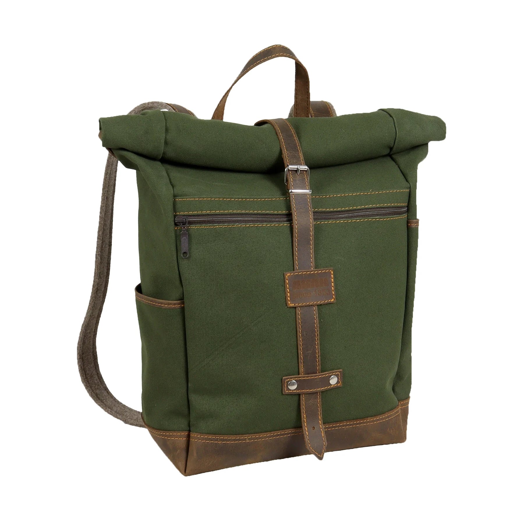 AKAH Rolltop-Rucksack aus Canvas · Schrägansicht mit Seiteneinschub und Trageriemen