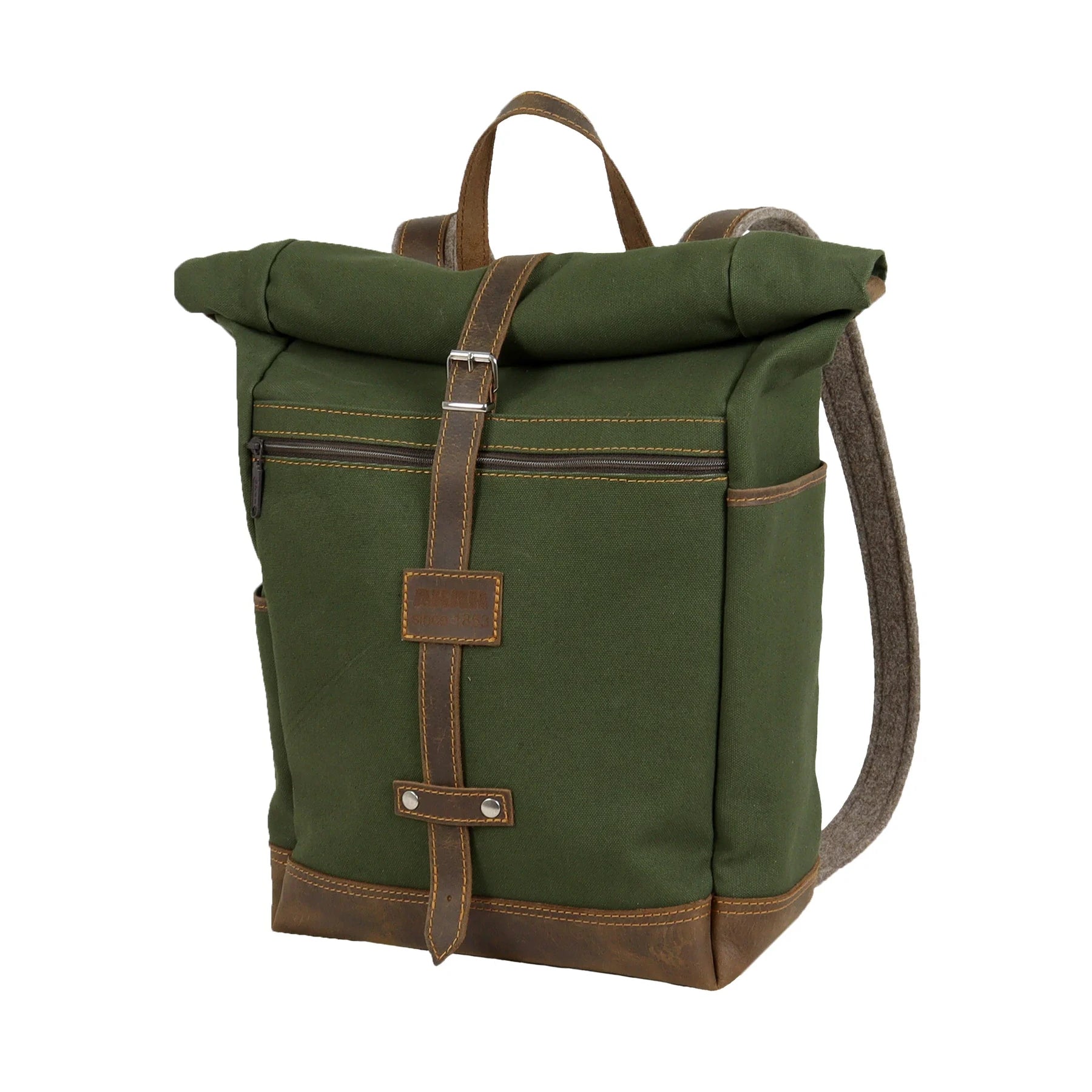 AKAH Rolltop-Rucksack aus Canvas · Rolltop-Verschluss, Fronttasche und Lederdetails