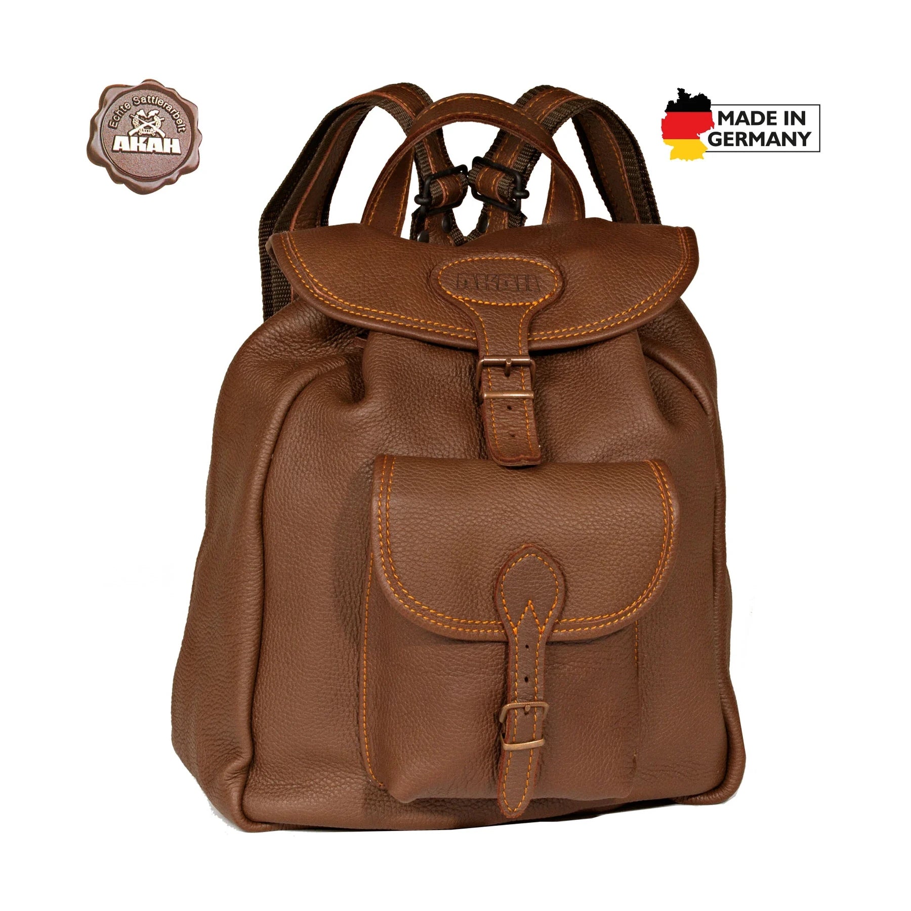 AKAH Damenrucksack aus braunem Elchleder · Frontansicht