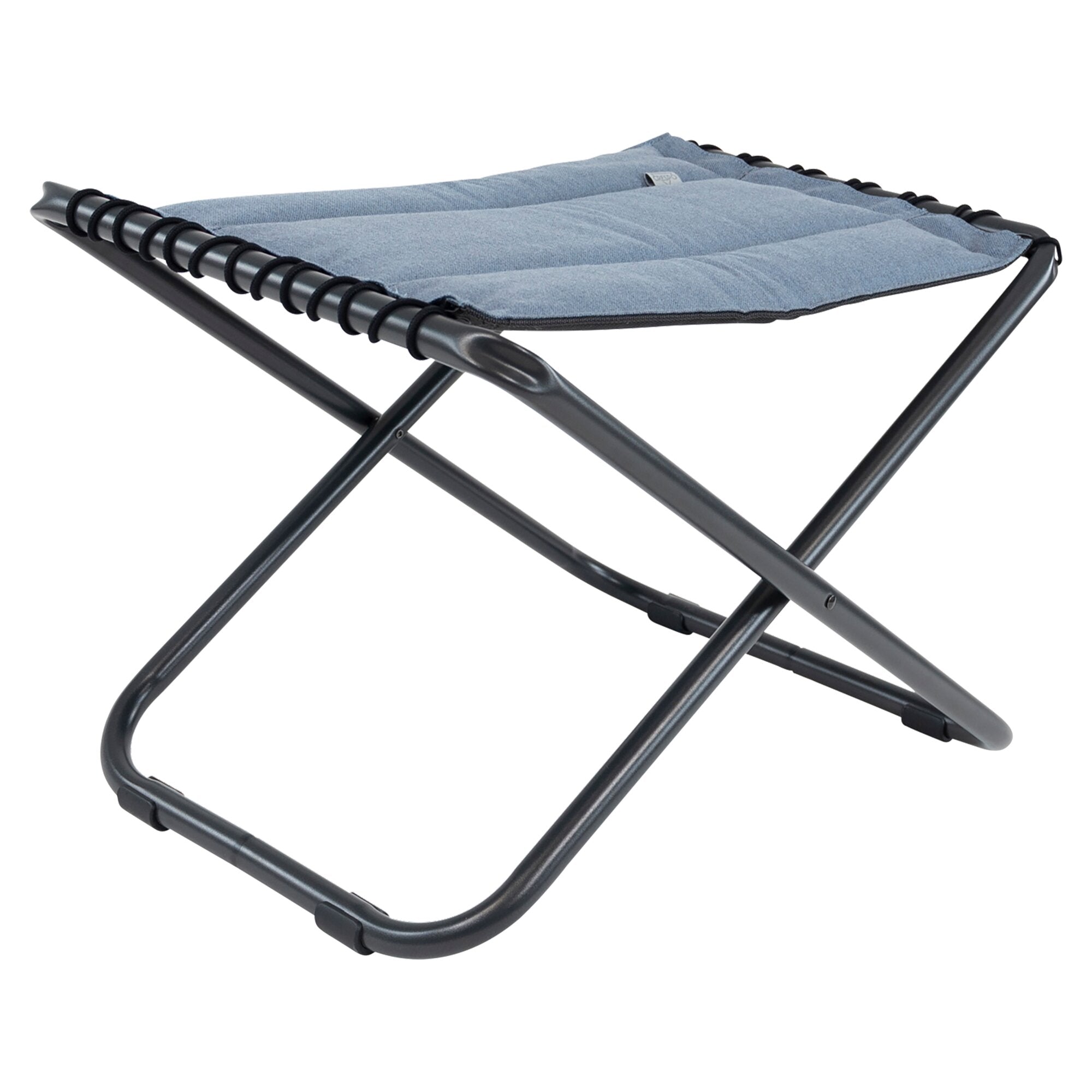 Klappbare Fußauflage AP/306 Tex-Comfort blau mit gepolsterter Oberseite auf dunklem Metallgestell, seitlich sichtbare spiralförmige Stabilisierungsringe