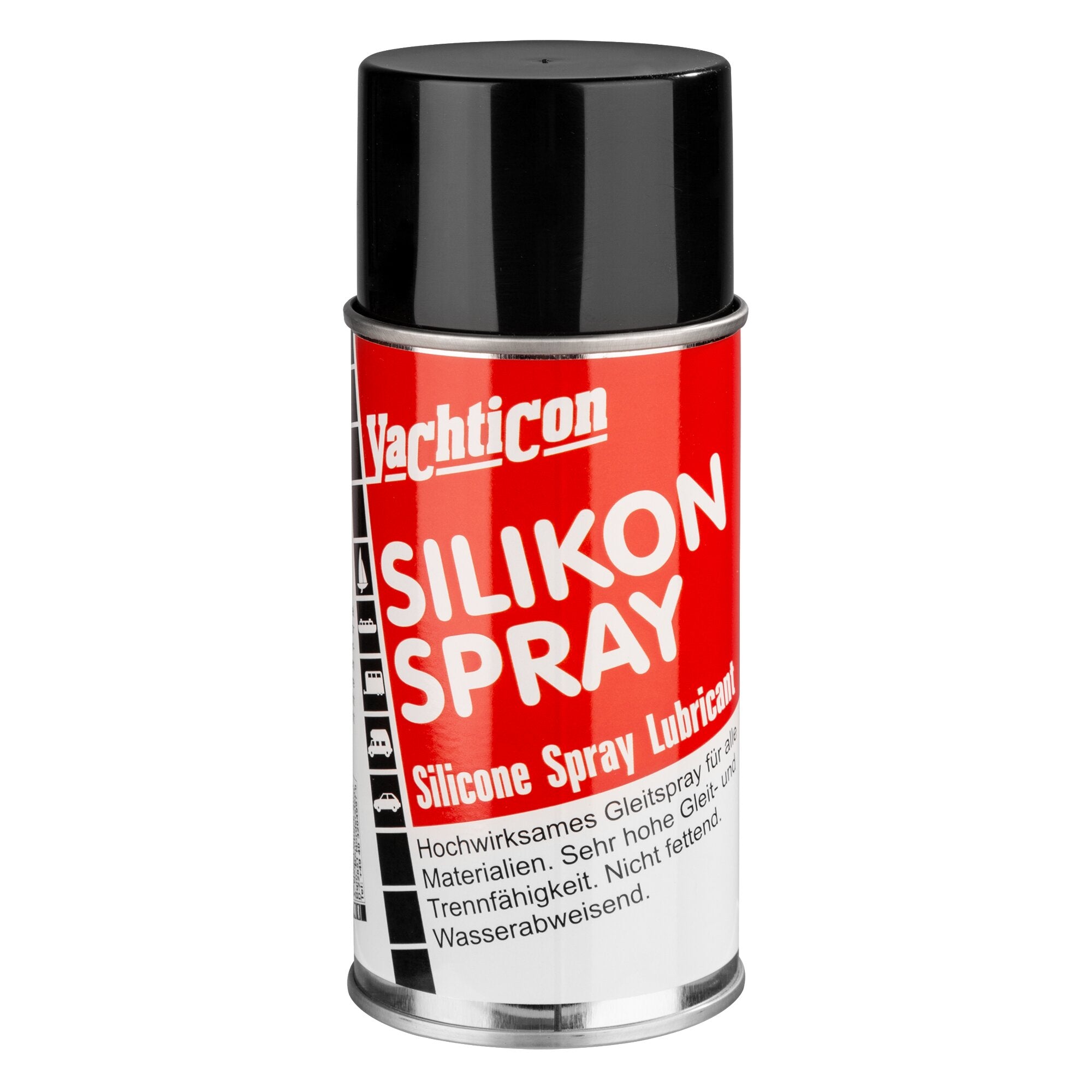 Nahaufnahme einer Sprühdose Silikonspray: schwarzer Deckel, roter Etikettenbereich mit großen weißen Buchstaben Silikon Spray, silberner Bodenrand