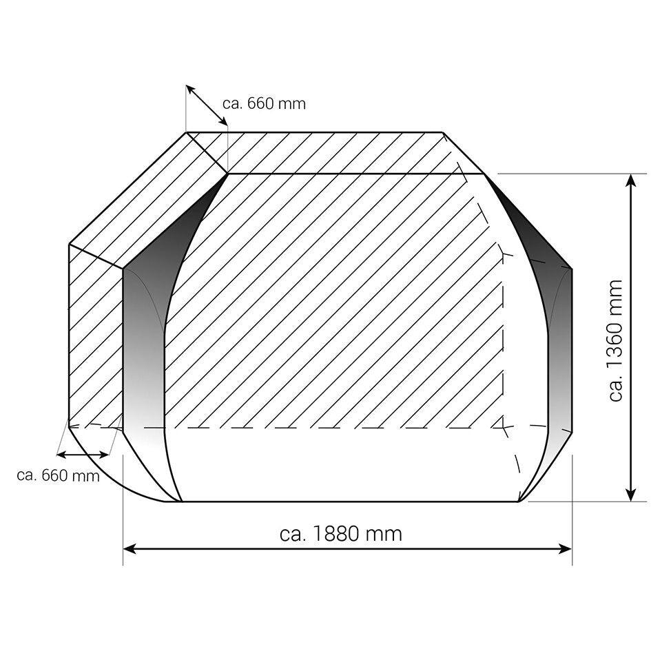 Technische Zeichnung einer Fahrradschutzhülle Basic Zwoo, Seitenansicht mit abgerundeten Enden; Maße: Länge 1880 mm, Höhe 1360 mm, Breite 660 mm