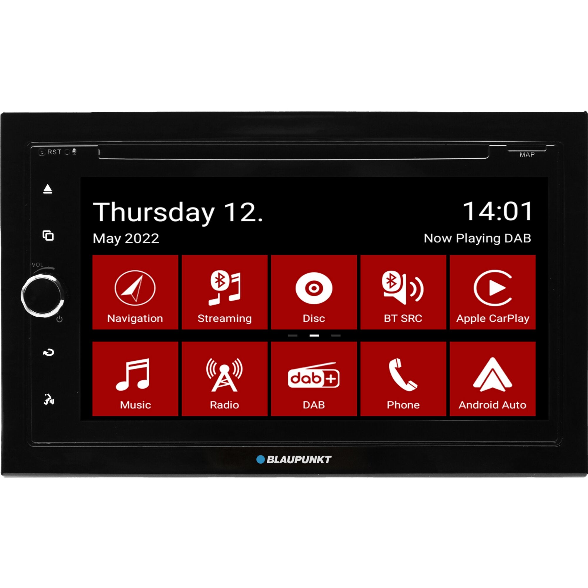 Navigationssystem Blaupunkt Camper 700 DAB mit Touchscreen und Now Playing DAB; rote App-Kacheln sichtbar