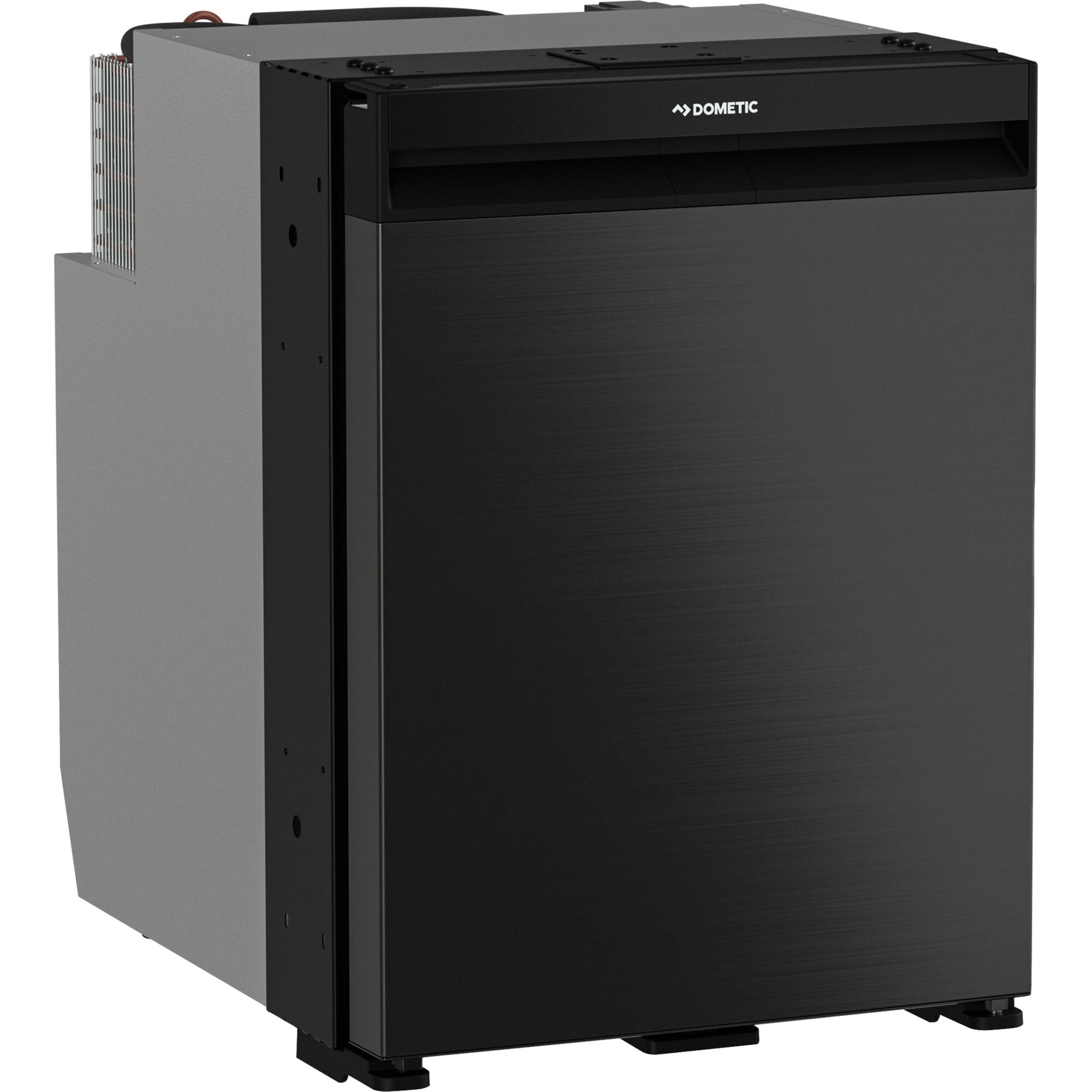Dometic NRX 50C Kompressorkühlschrank Frontansicht: graues Gehäuse, schwarze Front mit DOMETIC-Logo, seitliche Belüftungslamellen, Standfüße unten