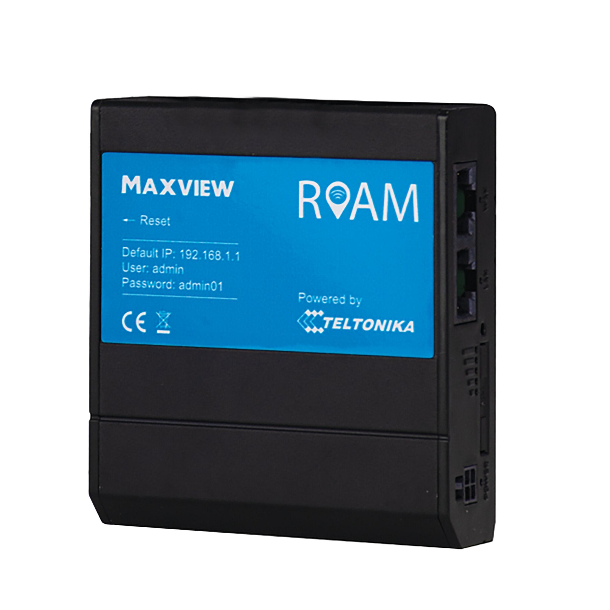 Schwarzer rechteckiger Router mit blauer Frontplatte, darauf die Bezeichnung MAXVIEW ROAM und sichtbaren Ports an der Seite